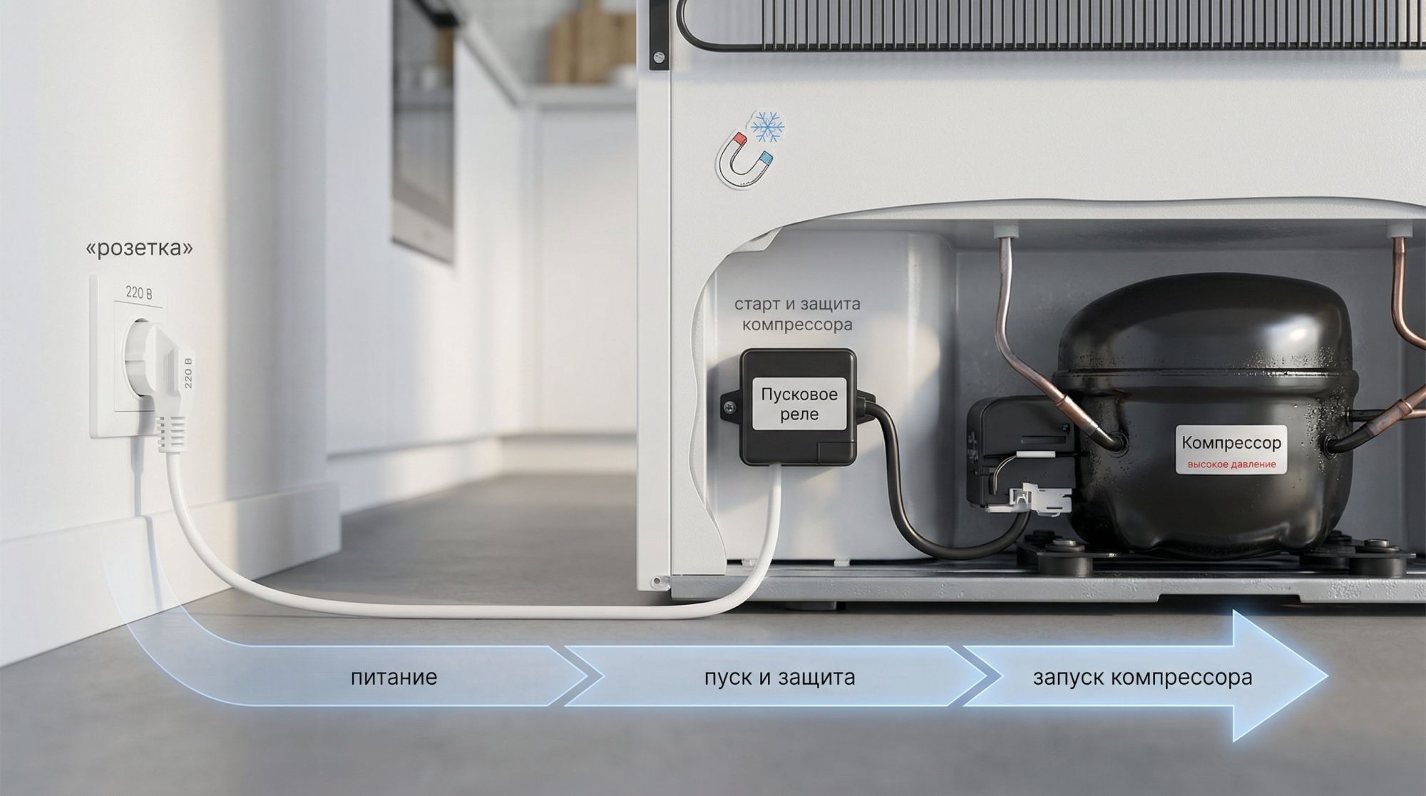 Современный аккуратный рисунок нижней части холодильника в разрезе сбоку. Видна розетка слева, к ней подключена вилка шнура холодильника. От вилки идет провод к небольшому блоку