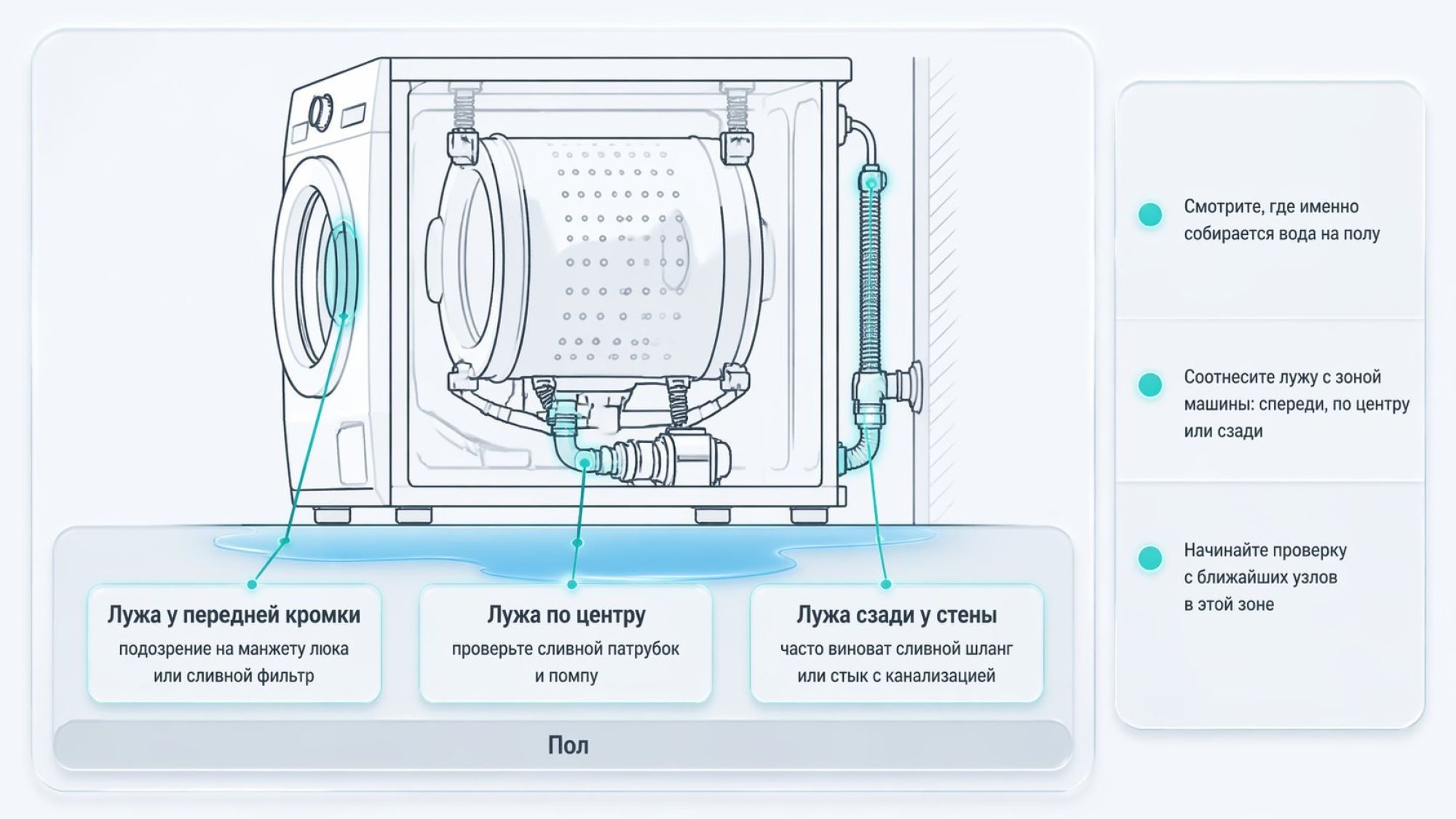 Схематичный вид стиральной машины сбоку в разрезе, рядом подписи с короткими подсказками, как связать воду на полу с возможным источником. Внизу выделен прямоугольник «Пол» с