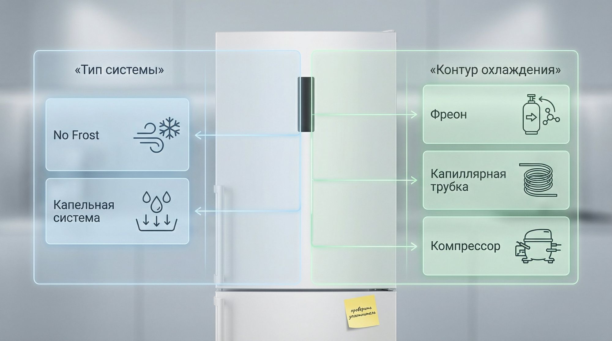 Инфографика в виде вертикально стоящего холодильника по центру, разделенного по смыслу на две крупные зоны: слева подписан блок «Тип системы» с подзаголовками «No Frost» и