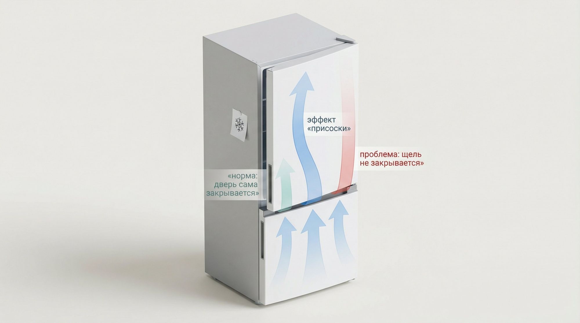 Простая плоская схема холодильника в разрезе, без брендов. Слева вертикальный контур корпуса, внутри две зоны: нижняя помечена крупной подписью «Морозилка», верхняя — «Холодильное