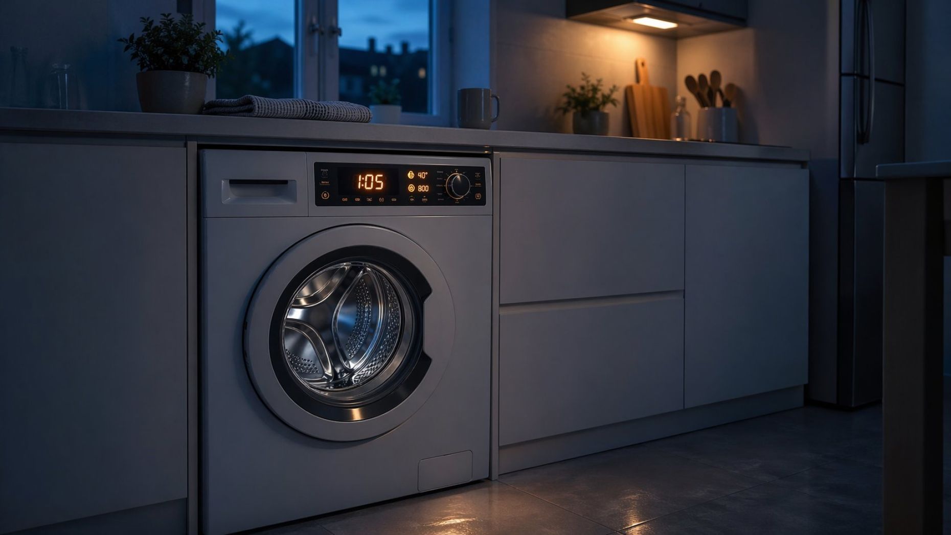 Небольшая современная кухня в сумерках, основной акцент — на стиральной машине под столешницей. Вокруг полумрак, над машиной слабый свет от окна или ночника, но ярко подсвечена