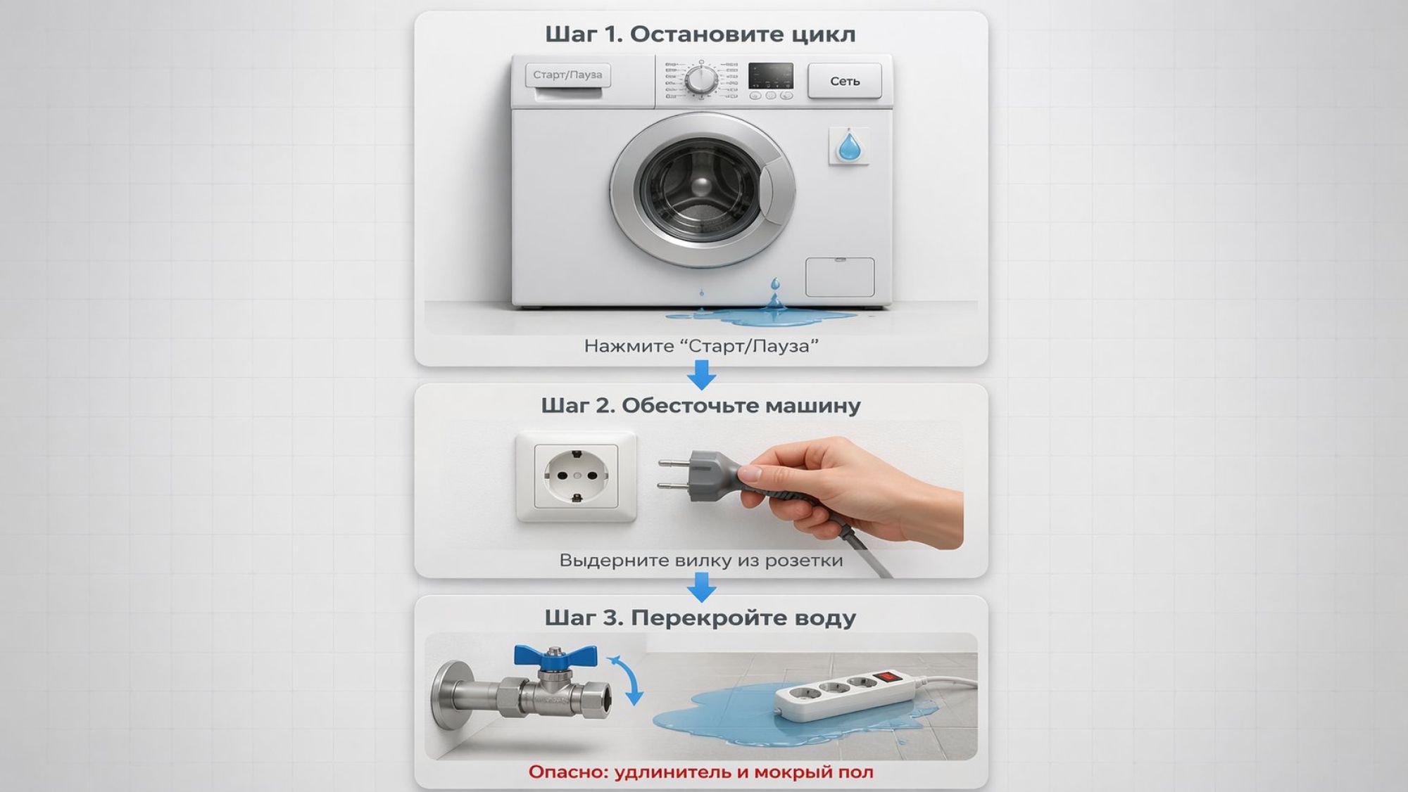 Вертикальная пошаговая схема в виде трех крупных пиктограмм, соединенных стрелками сверху вниз. Верхний блок: стиральная машина, на панели крупно выделены две кнопки с подписями