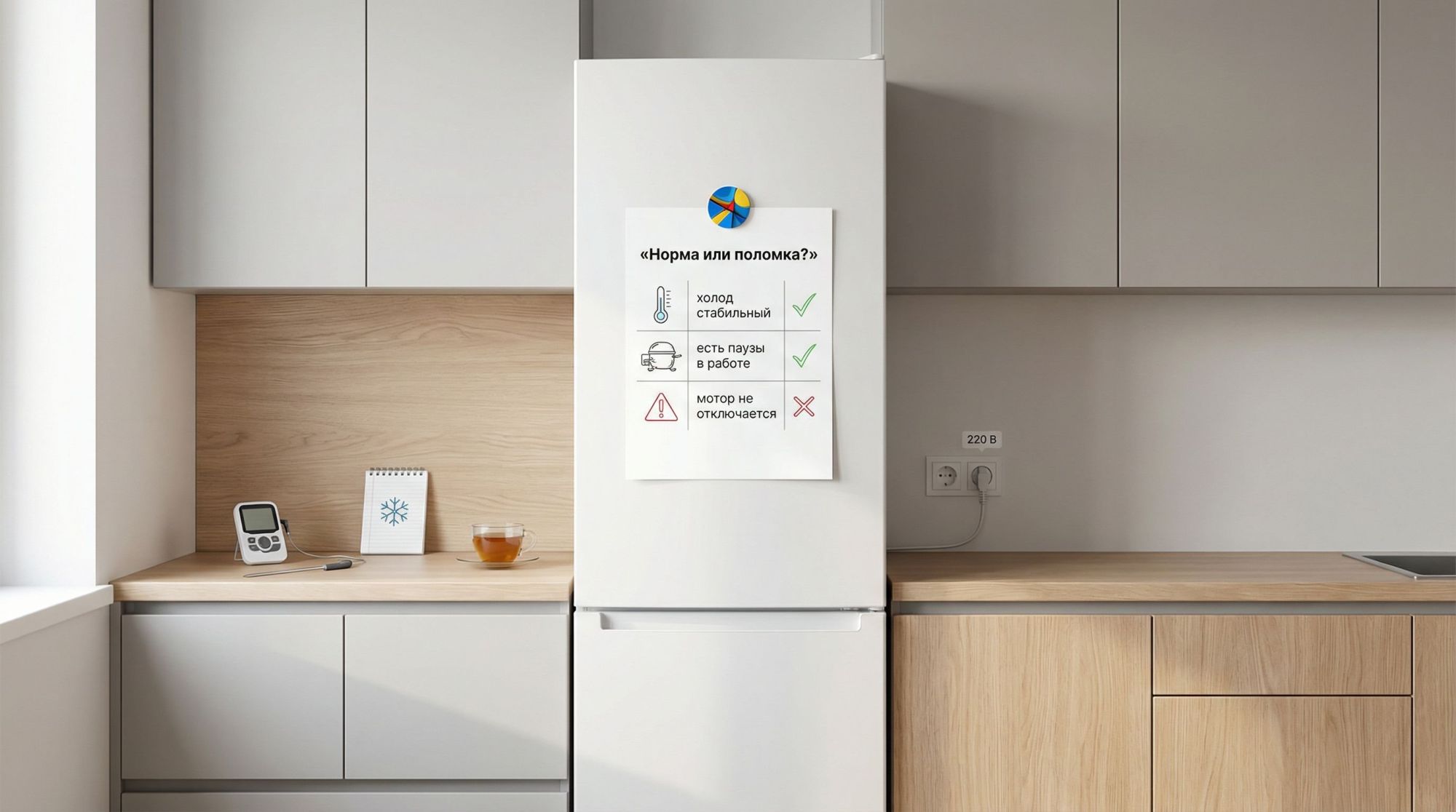 Современная кухонная сцена в аккуратном минималистичном стиле: на переднем плане стоит стандартный двухдверный холодильник, на дверце небольшим магнитом закреплен листок с