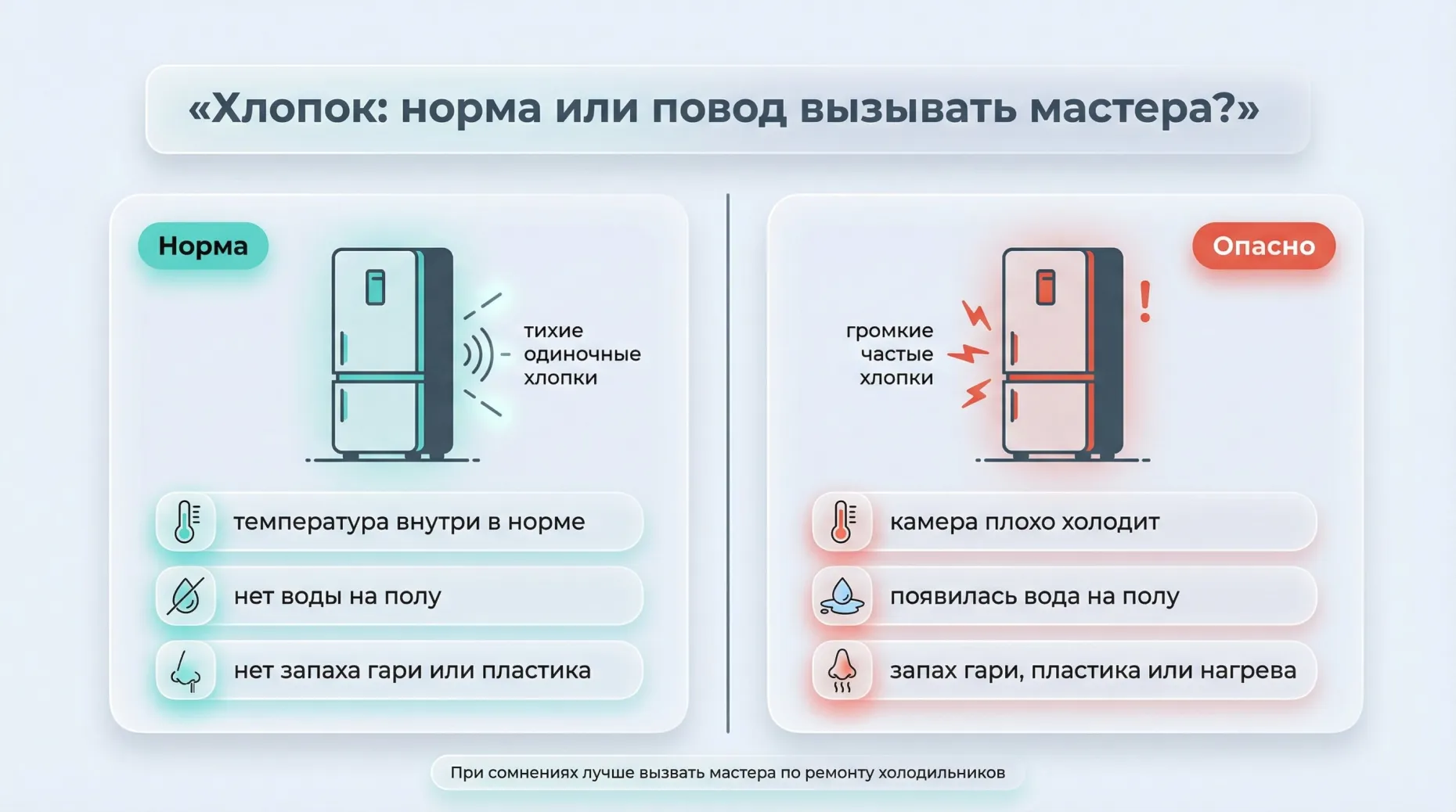 Горизонтальное разделение кадра на две половины с подписью по центру сверху «Хлопок: норма или повод вызывать мастера?». Левая половина обозначена зелёным заголовком «Норма» в