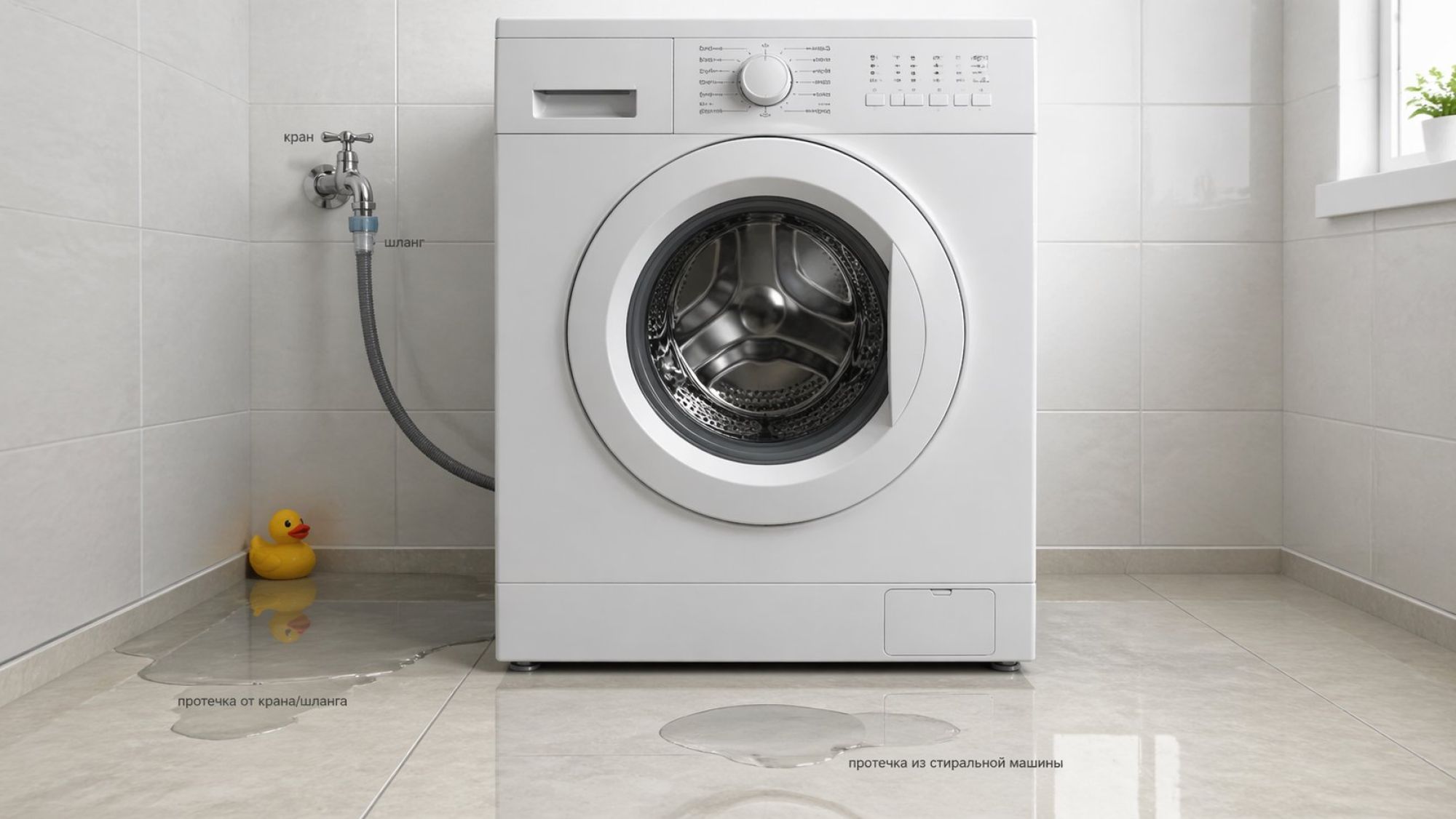 Современная стиральная машина стоит вплотную к стене в ванной. На полу видны две явно разделённые зоны воды: ближе к стене крупная лужа с подписью, ближе к передним ножкам машинки