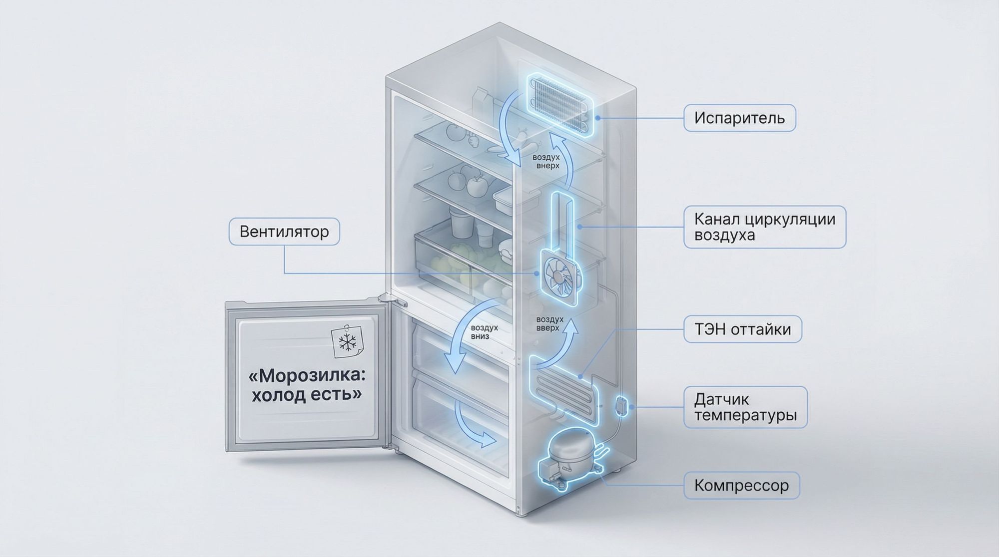 Изометрическая схема двухкамерного холодильника No Frost в разрезе, на светлом фоне. Корпус полупрозрачный, видны основные узлы, каждый подписан крупно. Внизу слева показана