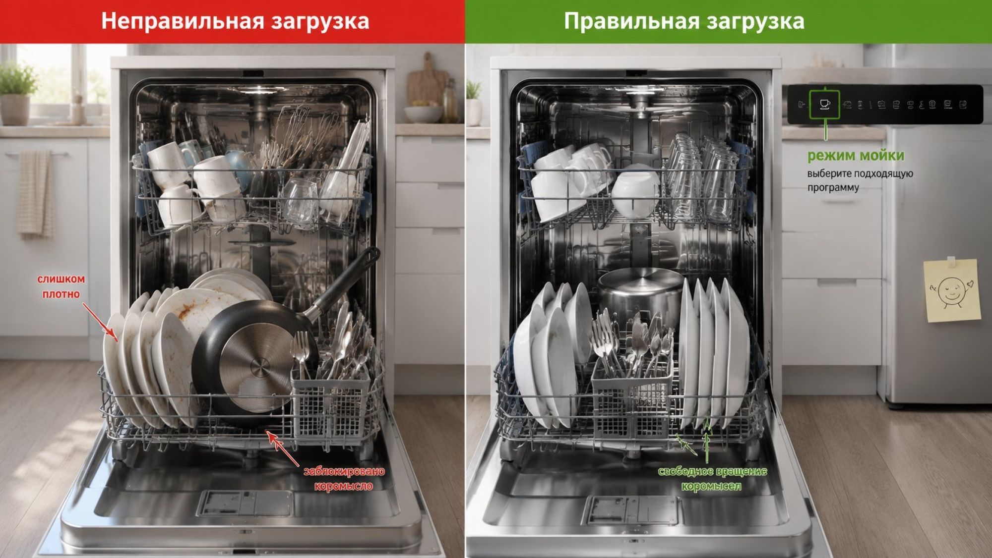 Изометрический вид открытой посудомоечной машины в современной кухне, показаны обе выдвинутые корзины и разбрызгиватели. Композиция разделена визуально на две вертикальные части