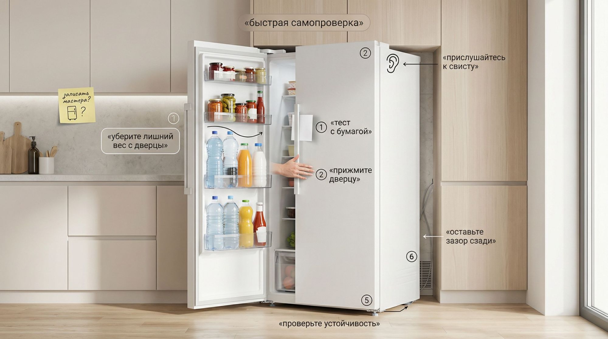 Современная кухня в спокойных оттенках, в центре — обычный белый холодильник в полный рост, показанный немного под углом. Сцена разделена на несколько аккуратных зон с легкими