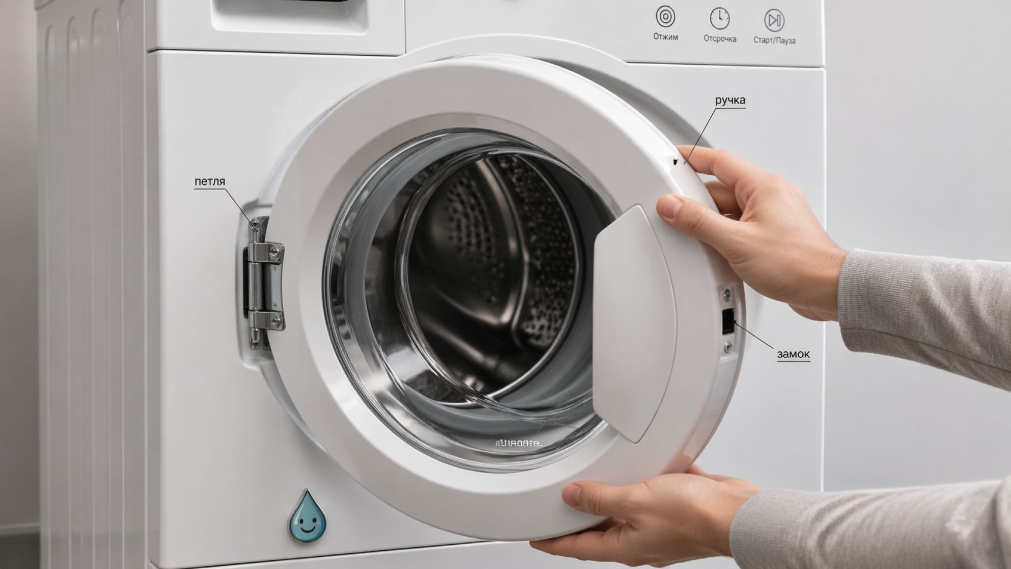 Современная стиральная машина фронтальной загрузки показана в трехчетвертном ракурсе, крупно видна зона люка. В кадре только нижняя часть корпуса на нейтральном светлом фоне