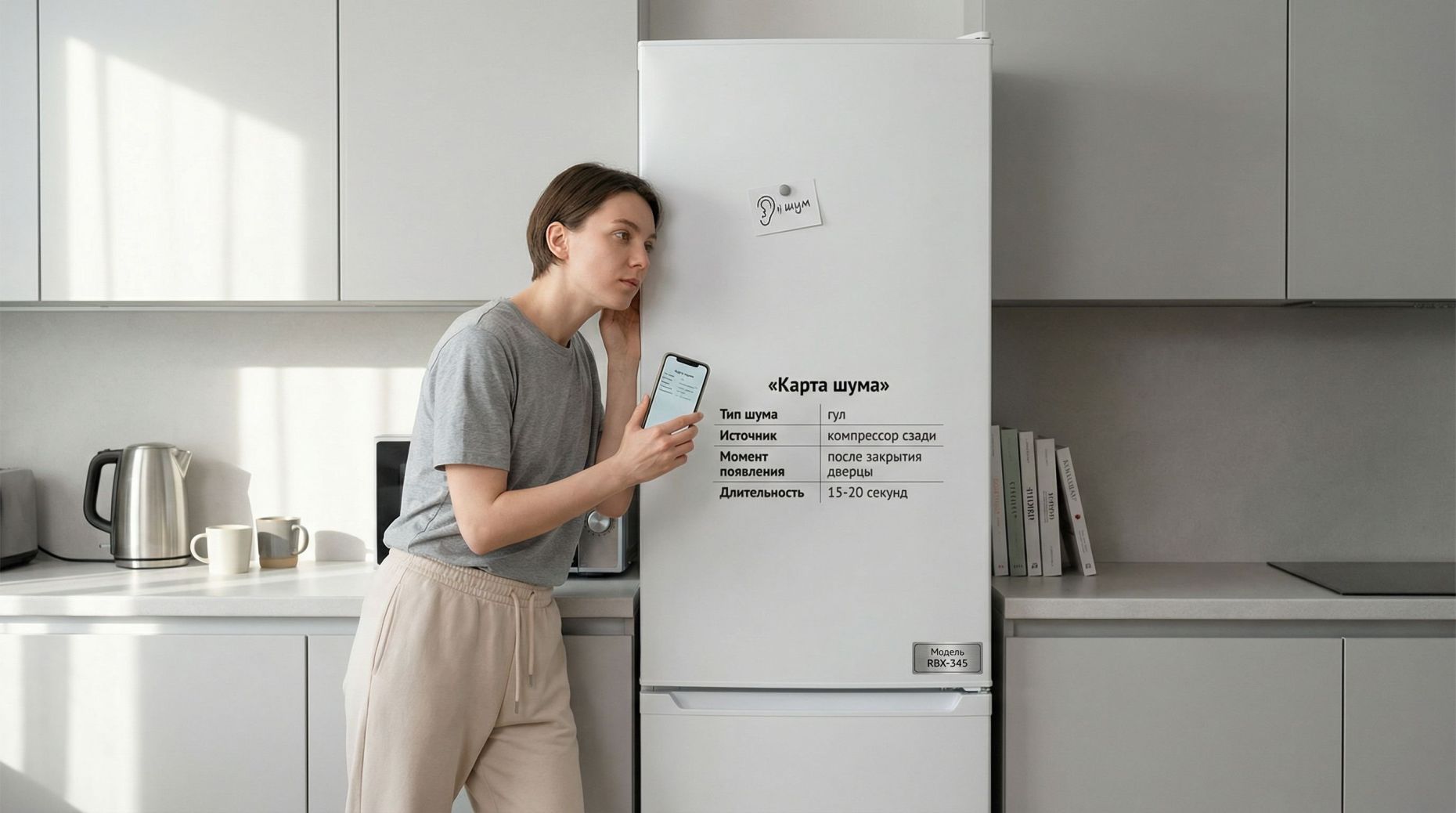Современная аккуратная кухня в нейтральных тонах, в центре — стандартный высокий холодильник. Перед ним стоит человек в домашней одежде с телефоном в руке, прислушивается к