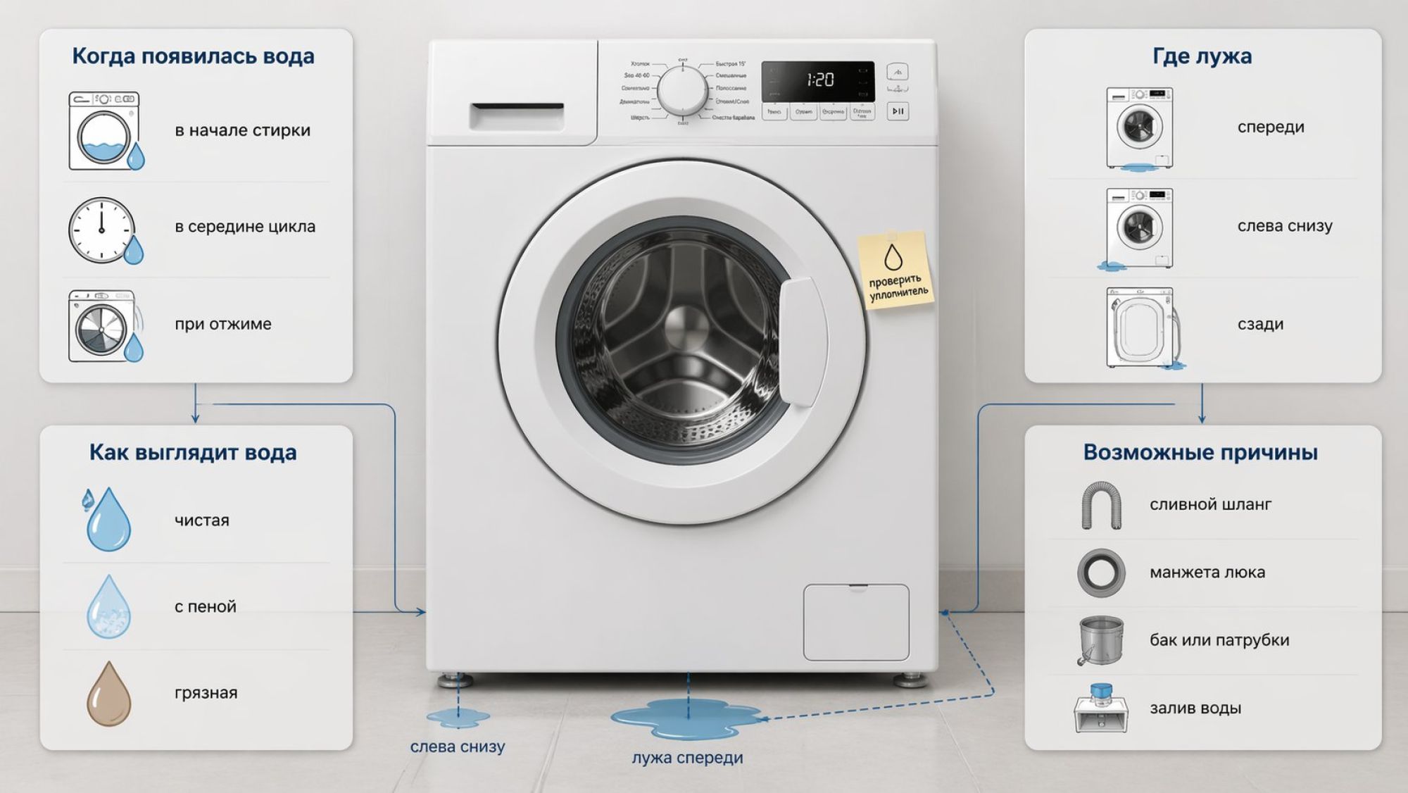 Инфографика сверху вниз: вертикальная стиральная машина спереди, виден фасад, левый и правый низ, задняя стена обозначена схематично. Вокруг машины — четыре зоны с простыми