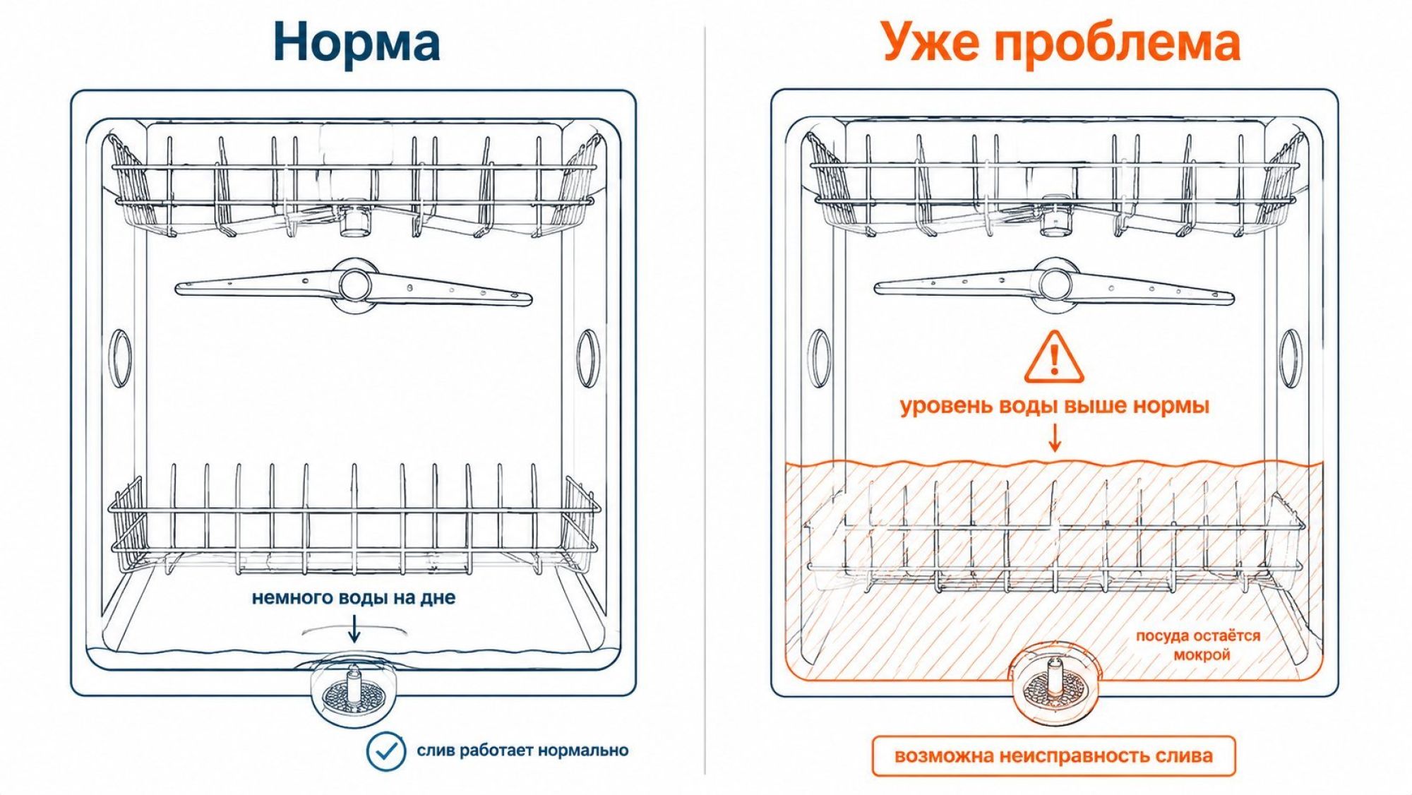Горизонтальное сравнительное изображение, разделённое вертикальной линией на две половины с подписями сверху. Слева крупный заголовок над половиной: «Норма», справа над второй