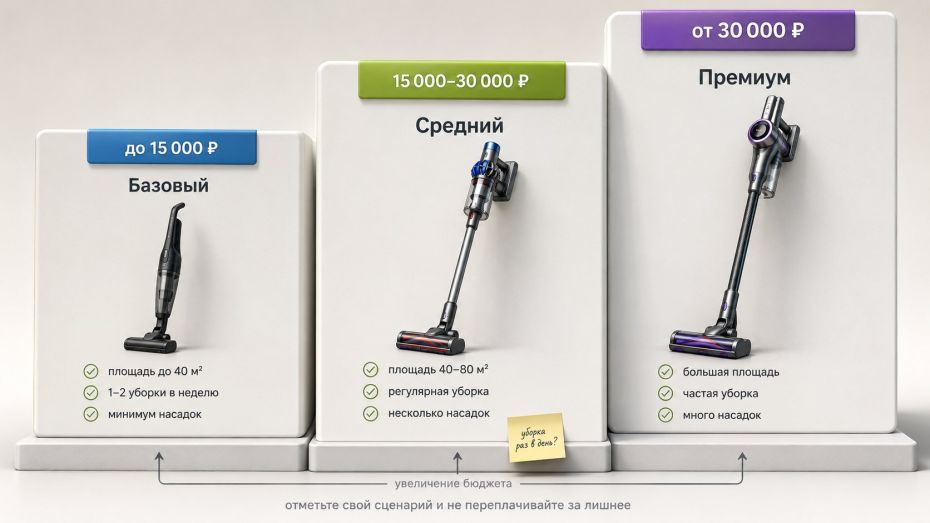 Горизонтальная инфографика‑лестница на светлом фоне с тремя крупными блоками‑ступенями: слева «Базовый», в центре «Средний», справа «Премиум». Каждая ступень оформлена как