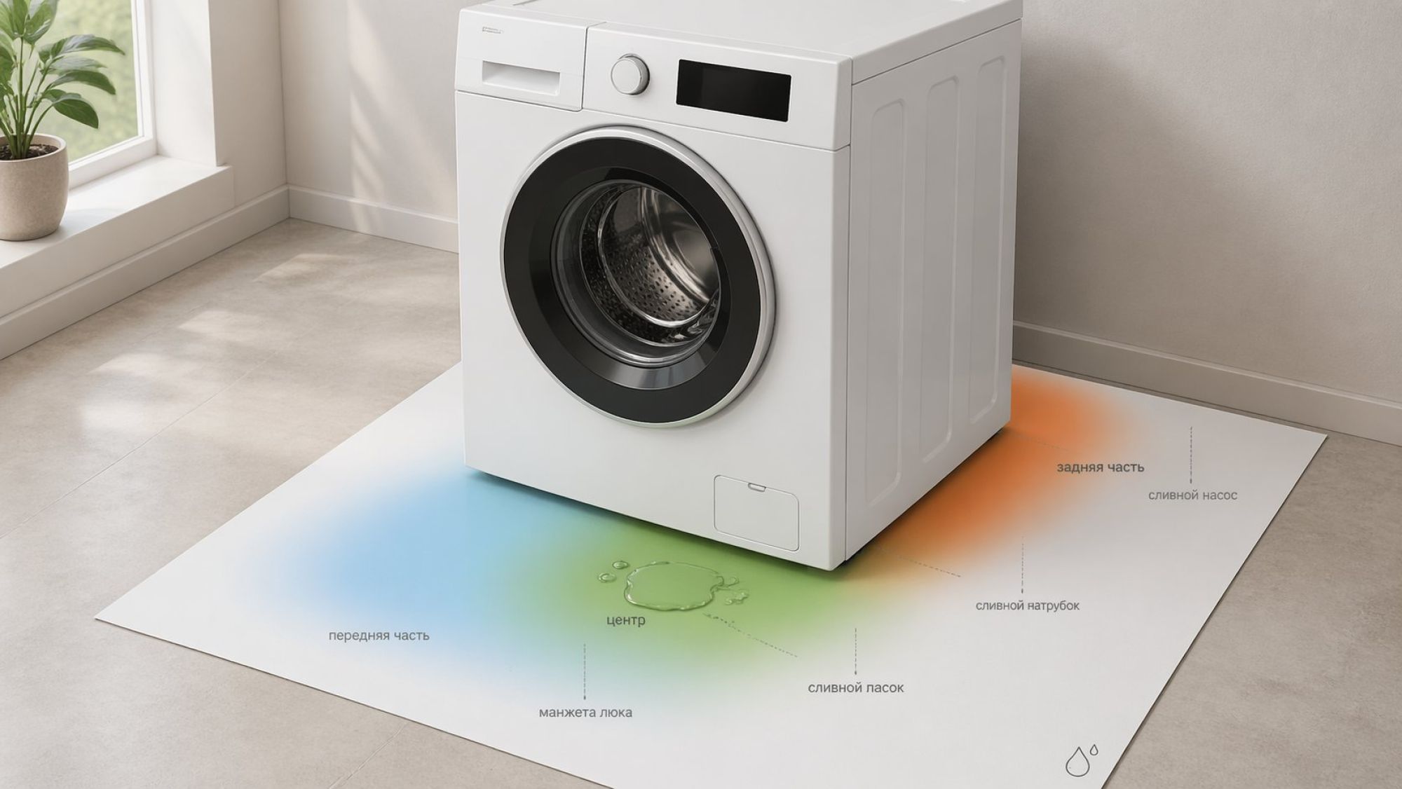 Изометрическая сцена: на светлом полу стоит современная фронтальная стиральная машина. Под машиной виден большой лист белой бумаги, аккуратно подложенный так, что выступает