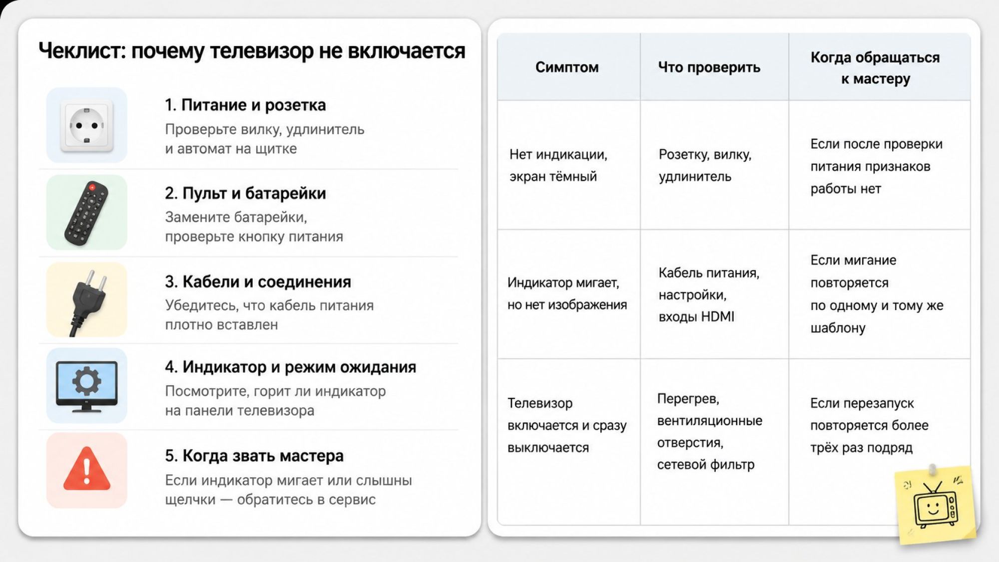 Горизонтальная инфографика в виде большого чек-листа и таблицы симптомов на светлом фоне. Слева крупный заголовок: «Чеклист: почему телевизор не включается» полужирным шрифтом