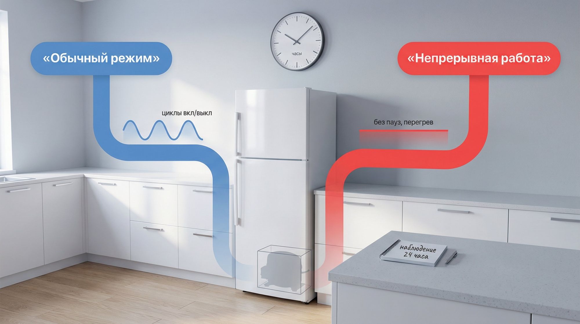 Современная кухня в мягких прохладных тонах. На переднем плане – стандартный двухкамерный холодильник, вид сбоку под небольшим углом. От компрессора внизу сзади условно проведены