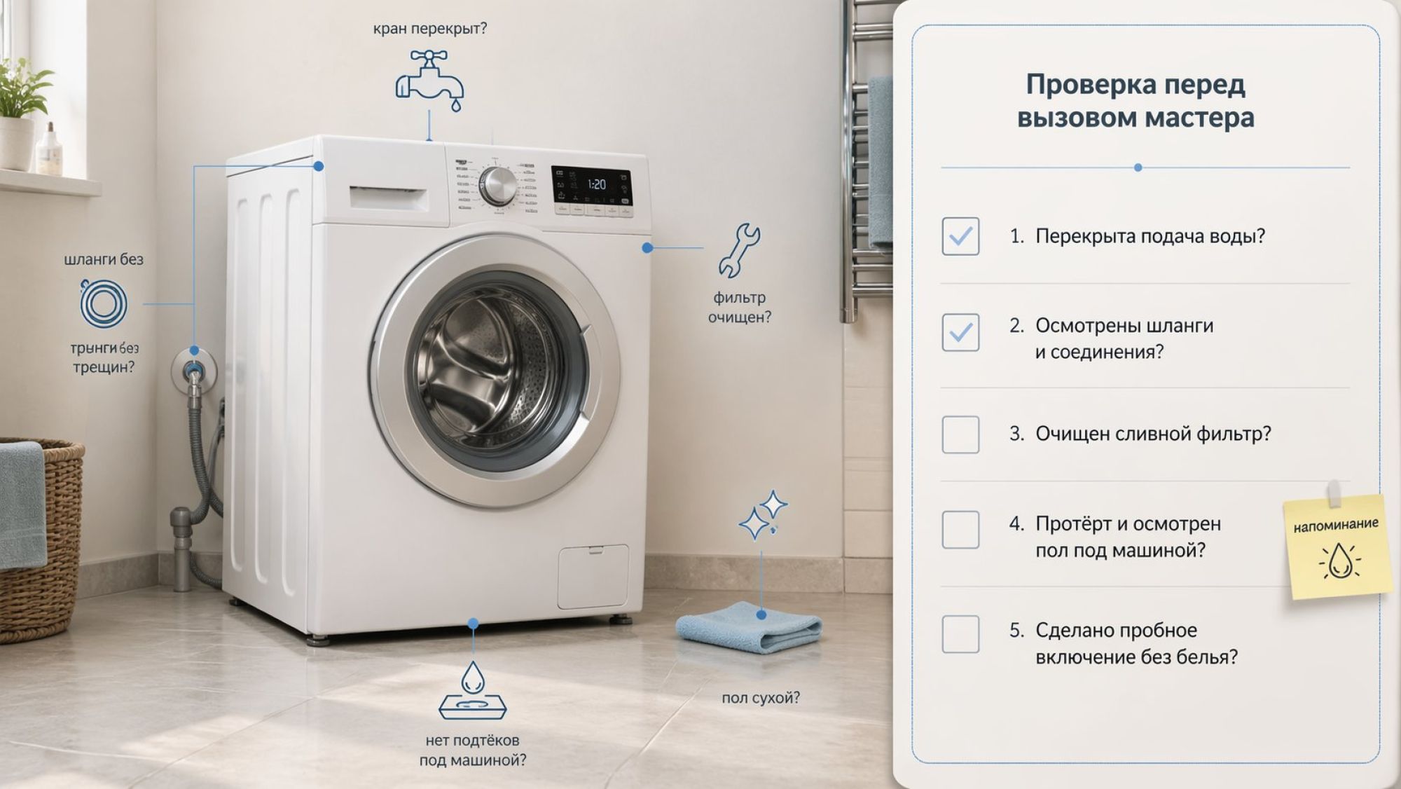 Горизонтальная инфографика в современном минималистичном стиле: слева иллюстрация стиральной машины в ванной, справа — структурированный чек-лист. Слева машинка в лёгкой
