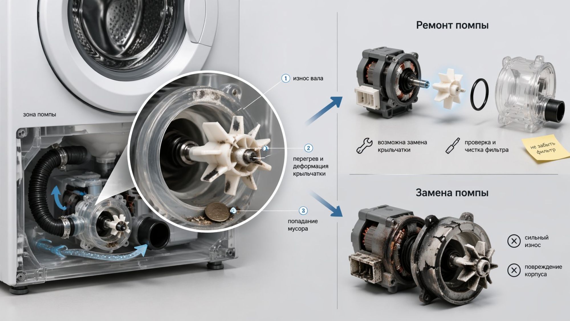 Горизонтальная схема-иллюстрация на светлом фоне, без лишних деталей. Слева крупно показана стиральная машина в разрезе нижней части: через прозрачный поддон видно помпу с