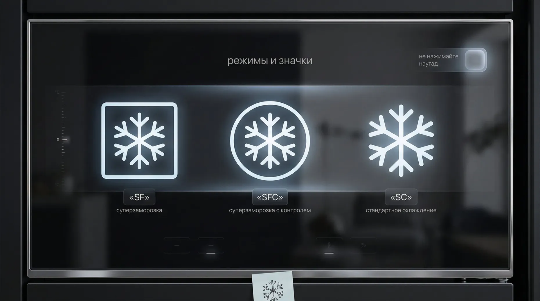 Минималистичная современная панель холодильника крупным планом, на черном/темно-сером глянцевом дисплее подсвечены три варианта значка холода в отдельной горизонтальной полосе по