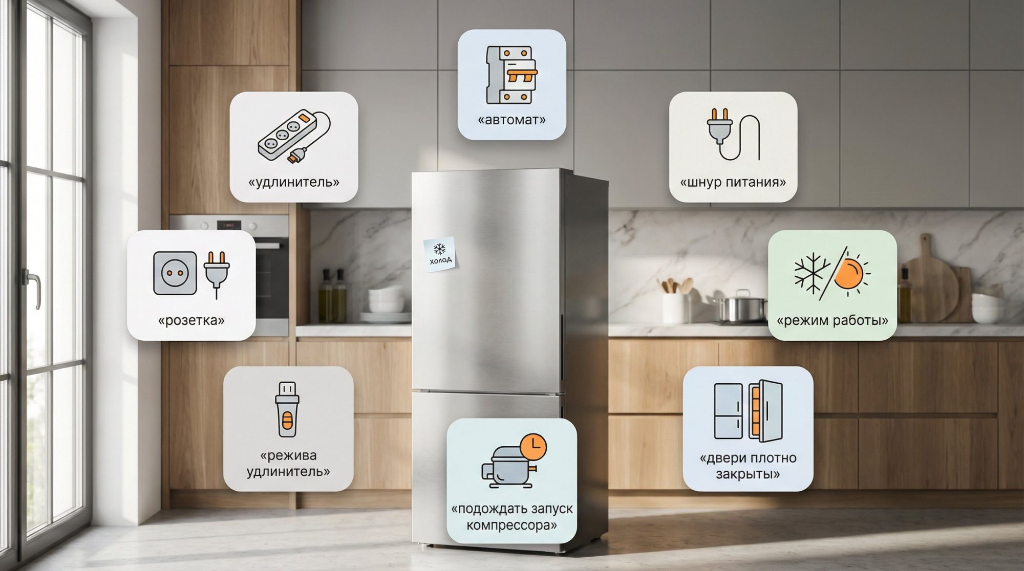 Современная аккуратная кухня, на переднем плане двухкамерный холодильник, стоящий немного боком, чтобы была видна и дверь холодильной, и двери морозильной камеры. Вокруг него в