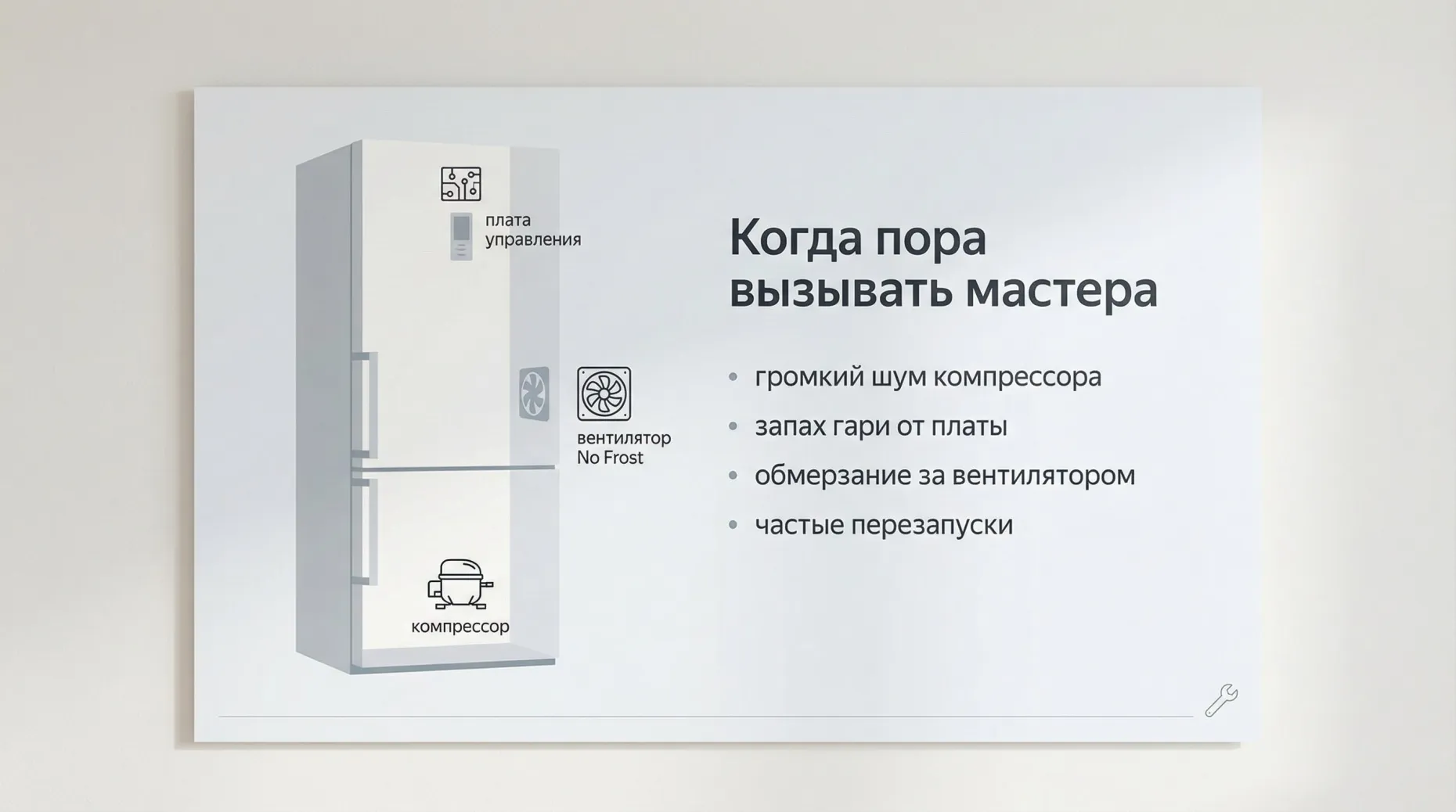 Инфографика в виде вертикального плаката «Когда нужен мастер», без лишних деталей. Слева силуэт холодильника в нейтральных тонах, рядом небольшие иконки: компрессор внизу, плата