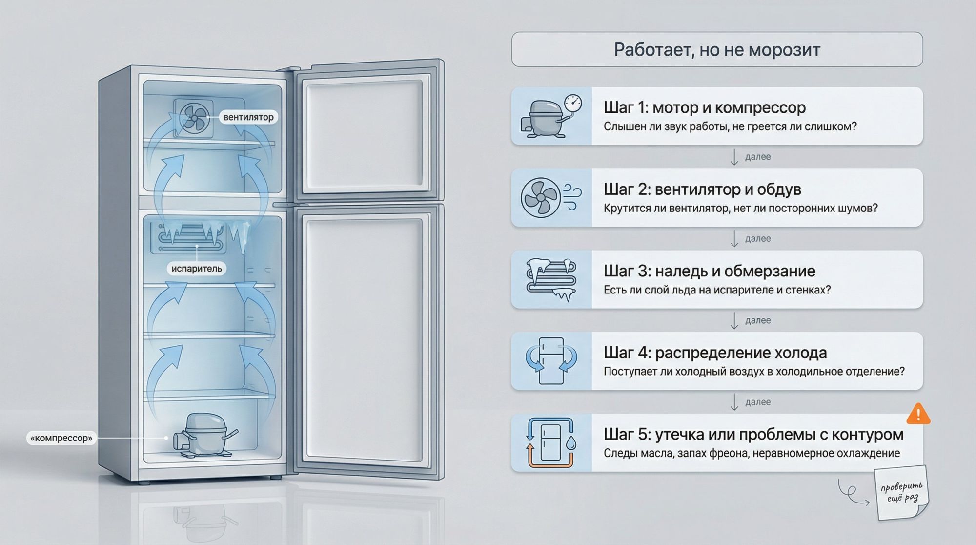 Инфографика в виде вертикальной схемы «Работает, но не морозит» для холодильника No Frost. Слева крупный силуэт двухкамерного холодильника, контуры простые, современный