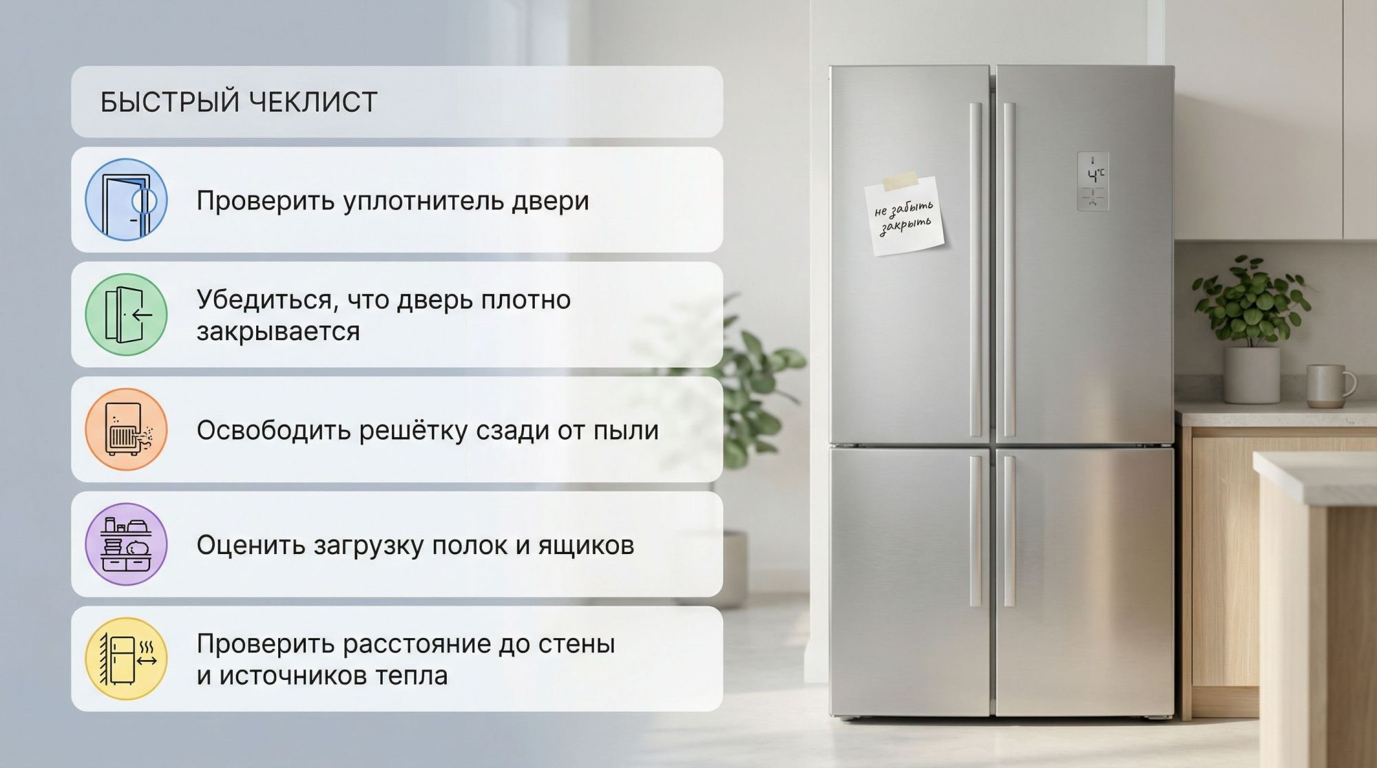 Минималистичная иллюстрация в виде вертикального «чеклиста для холодильника». Справа нарисован современный двухдверный холодильник в светлой кухне, без брендов и лишних деталей
