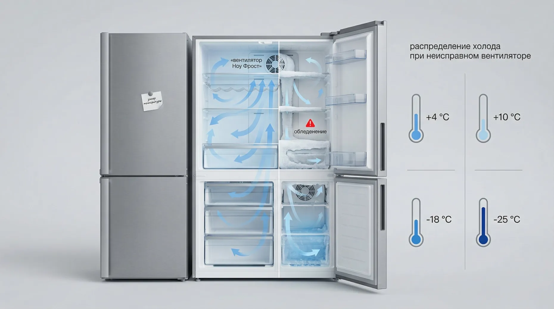 Схематичный вид холодильника Ноу Фрост в разрезе, показаны две камеры и стрелками — распределение холода. Фон светлый, современный, без лишних деталей. Слева — аккуратный силуэт