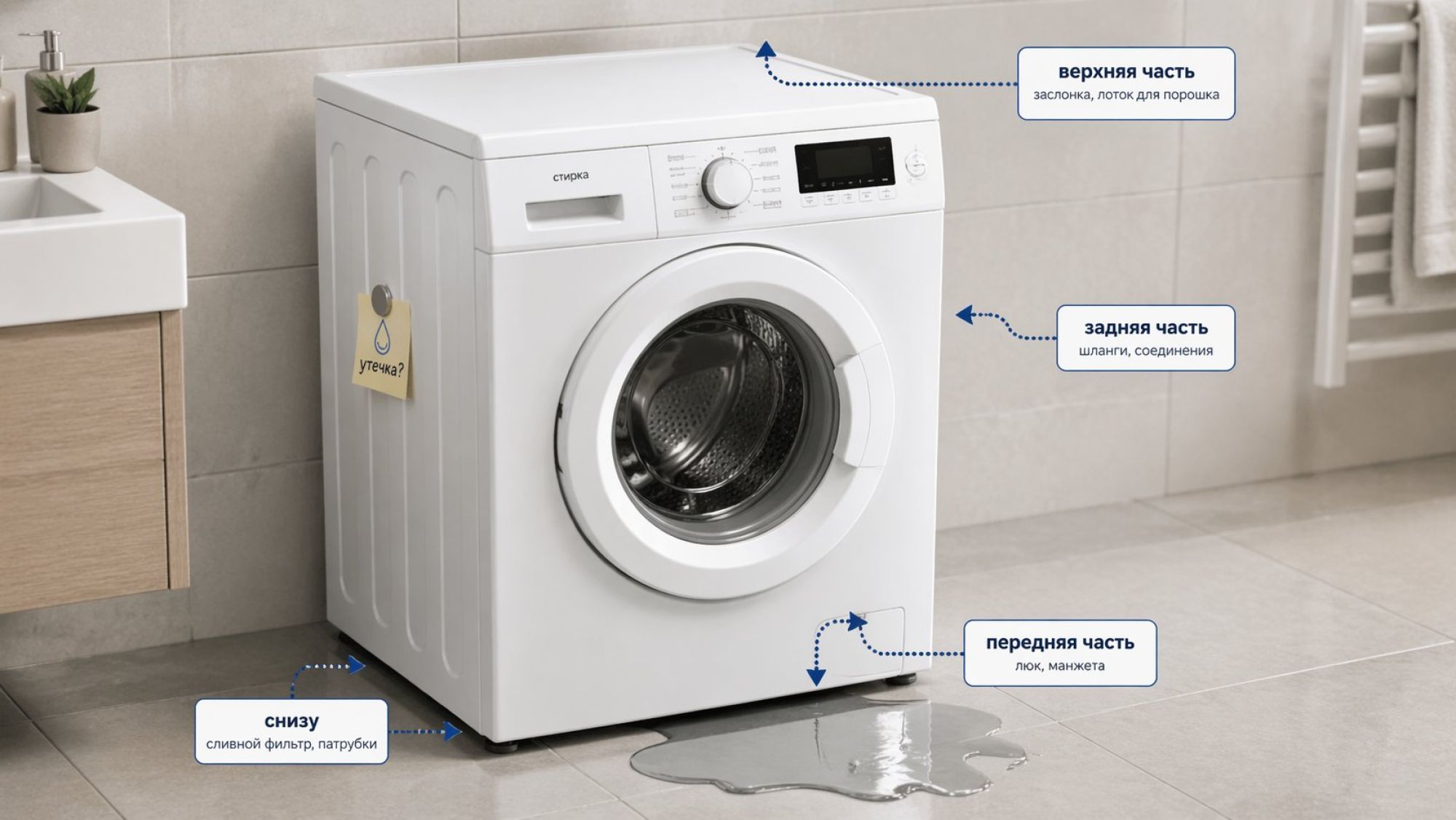Изометрический вид фронтальной стиральной машины в ванной. Машина показана почти во весь кадр, вокруг минимум лишних деталей, современный аккуратный стиль. От машинки пунктирными