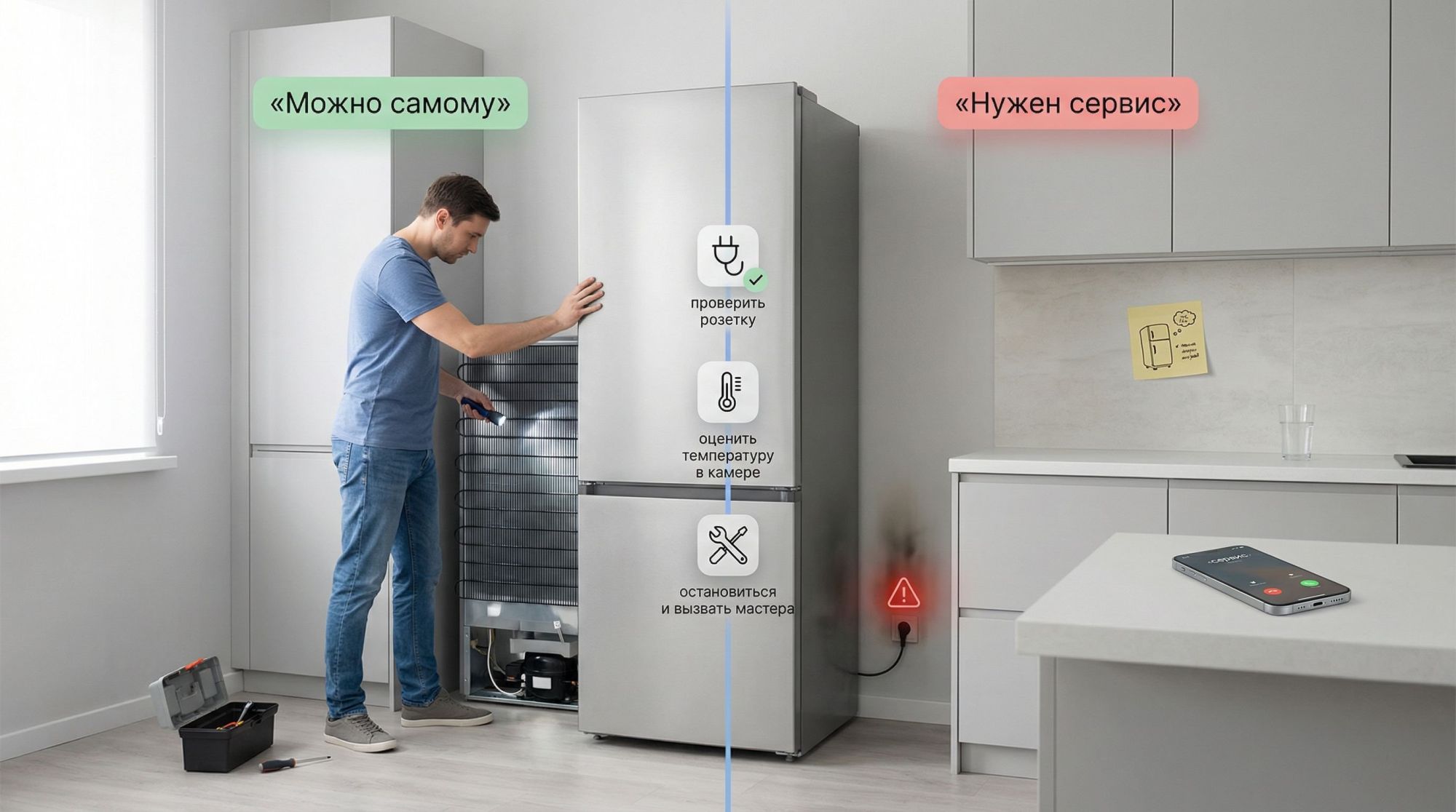 Современная аккуратная кухня в нейтральных тонах, в центре — высокий холодильник No Frost. Композиция разделена на две части легкой полупрозрачной вертикальной линией. Слева —