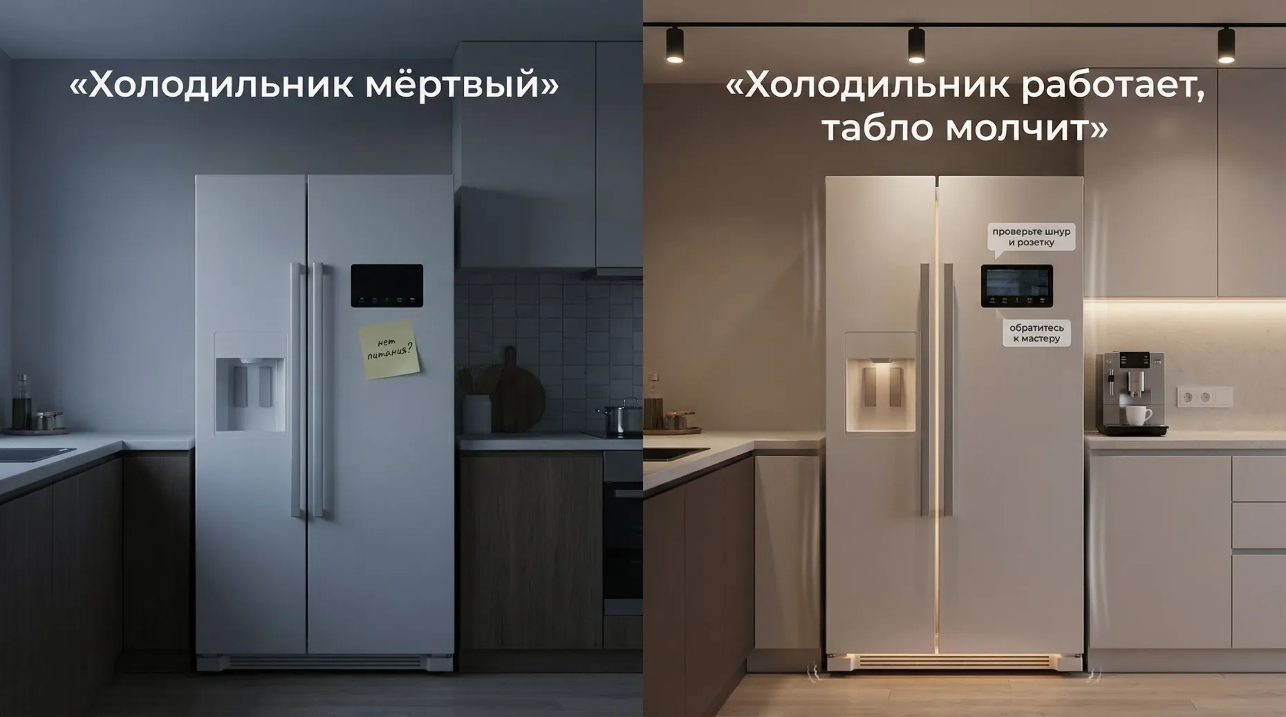 Горизонтально разделённая пополам сцена сравнения двух состояний холодильника. Левая половина: кухня в лёгком полумраке, холодильник закрыт, через контур двери не пробивается