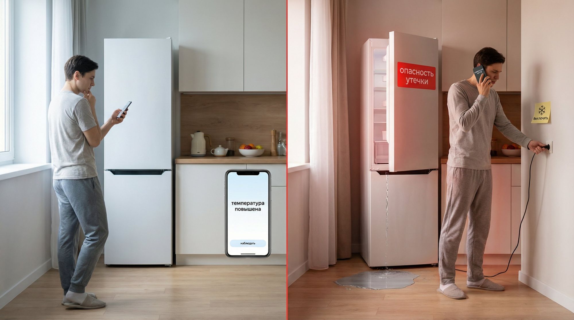 Инфографика в виде вертикального списка типовых симптомов холодильника после разморозки и связанных с ними узлов. Слева крупный столбец с иконками и короткими текстами симптомов