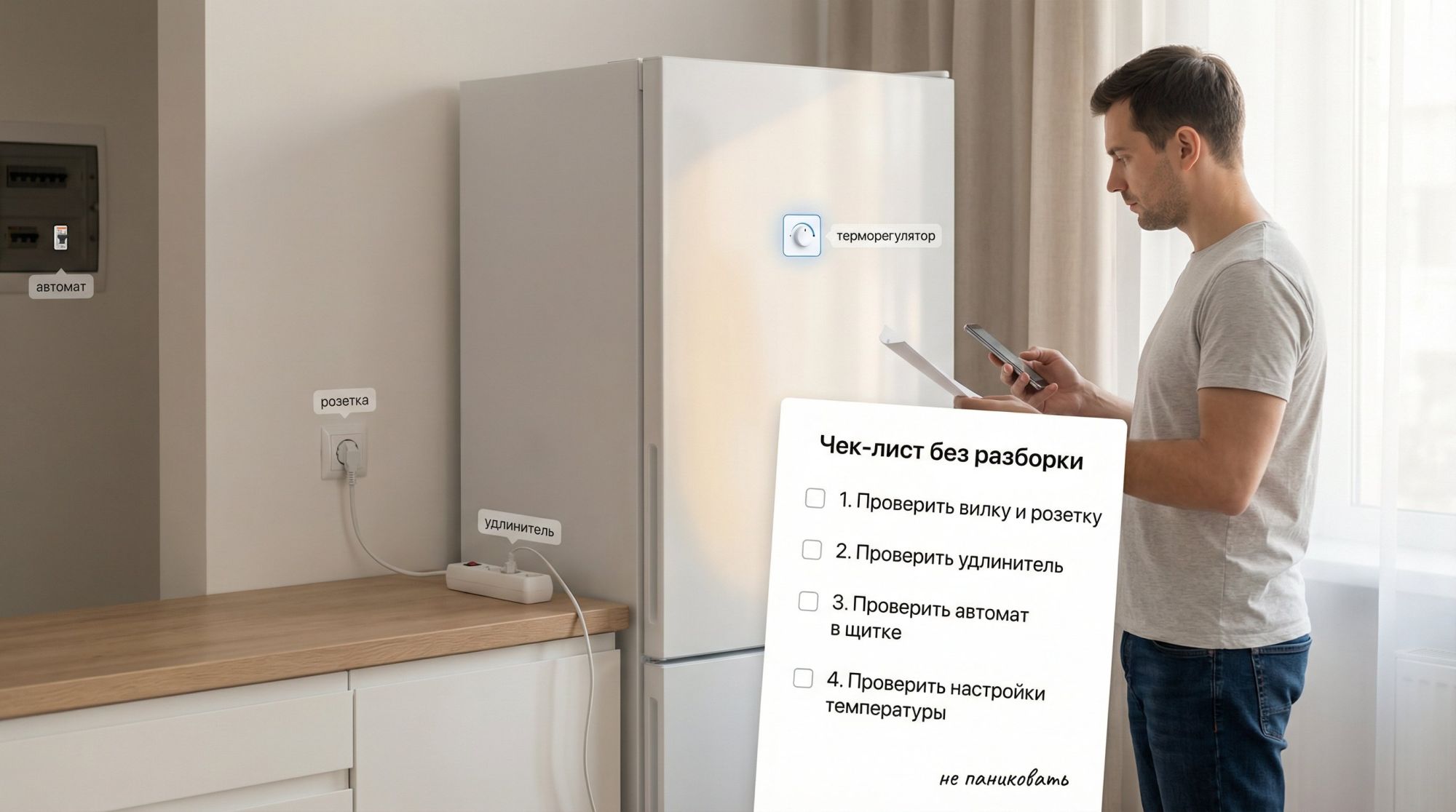 Современная аккуратная иллюстрация: вид на кухню с холодильником в центре, рядом стоит человек с листом‑чек‑листом в руках и смартфоном. Холодильник слегка подсвечен, на дверце