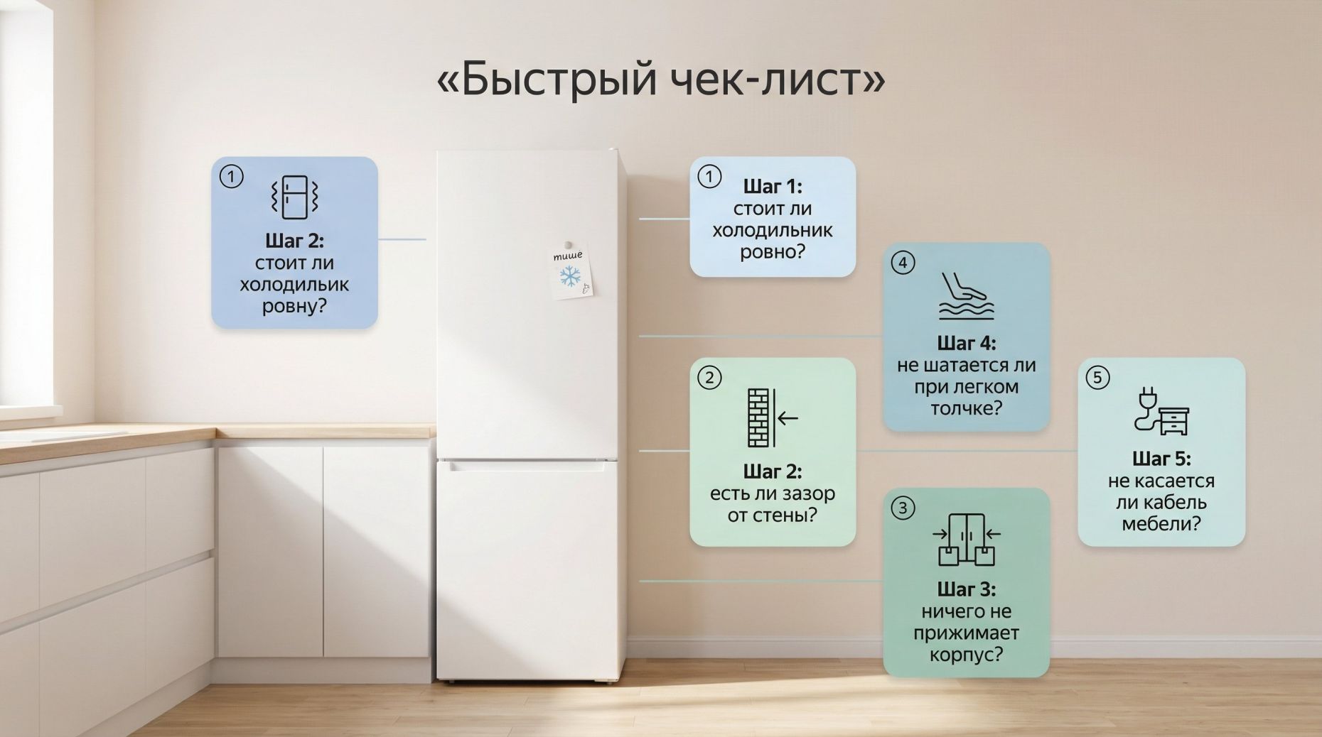 Горизонтальная современная иллюстрация‑схема в мягких цветах: на левой половине — вид сбоку простой кухни с холодильником у стены, без лишних деталей. Вокруг холодильника