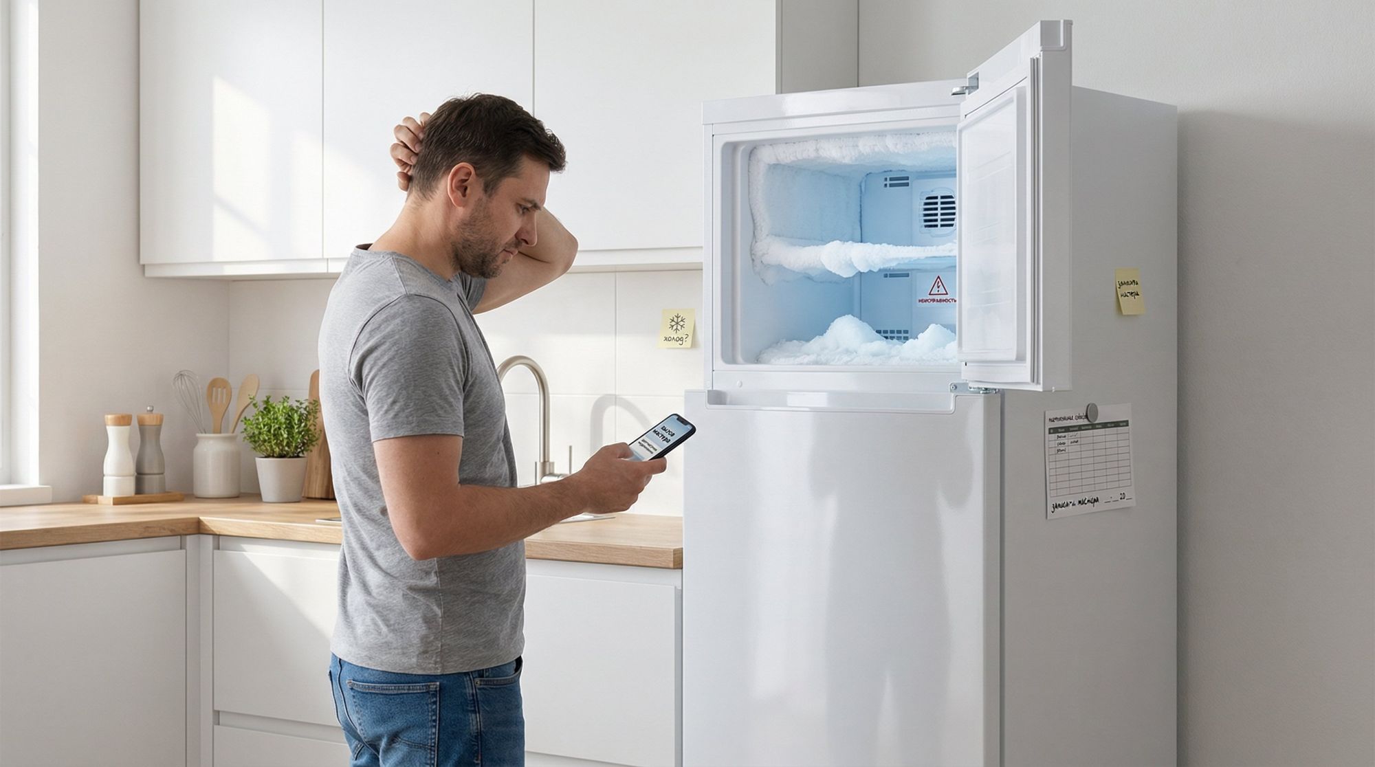 Горизонтальная иллюстрация: на переднем плане обычная кухня в современном минималистичном стиле, в центре — высокий холодильник с морозильной камерой. Дверь морозилки приоткрыта