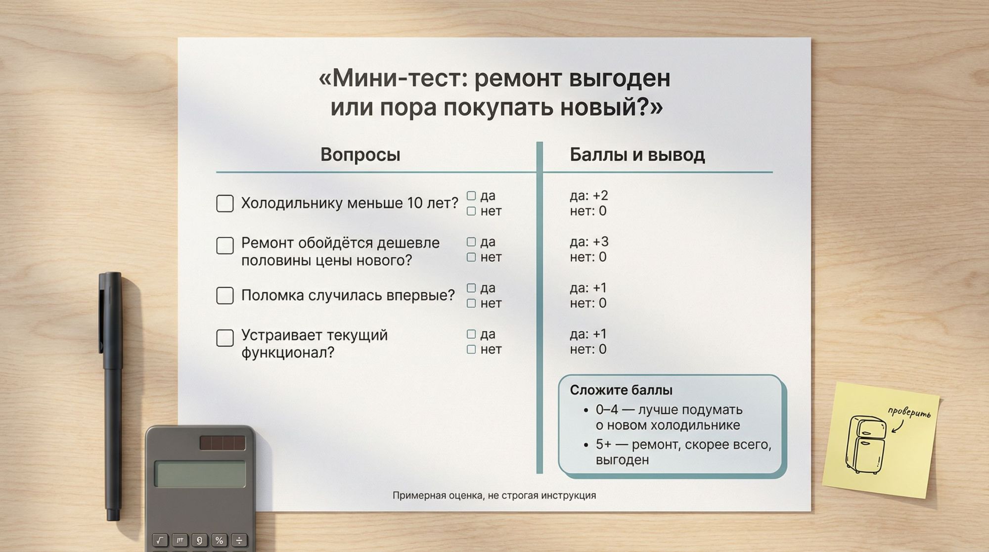 Инфографика в виде вертикального мини‑теста «Ремонт или покупка?». На верхней части листа крупный заголовок посередине: «Мини‑тест: ремонт выгоден или пора покупать новый?». Под