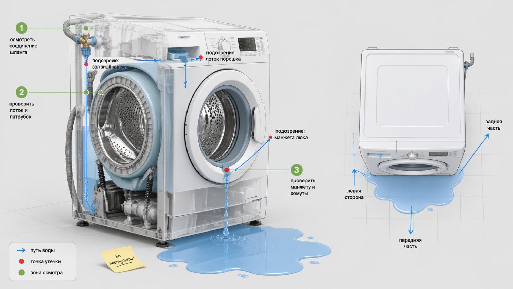 Схематичный интерьер: часть ванной комнаты с стиральной машиной и розеткой, выполненный в современном минималистичном стиле. На полу вокруг машинки показана голубоватая лужа воды