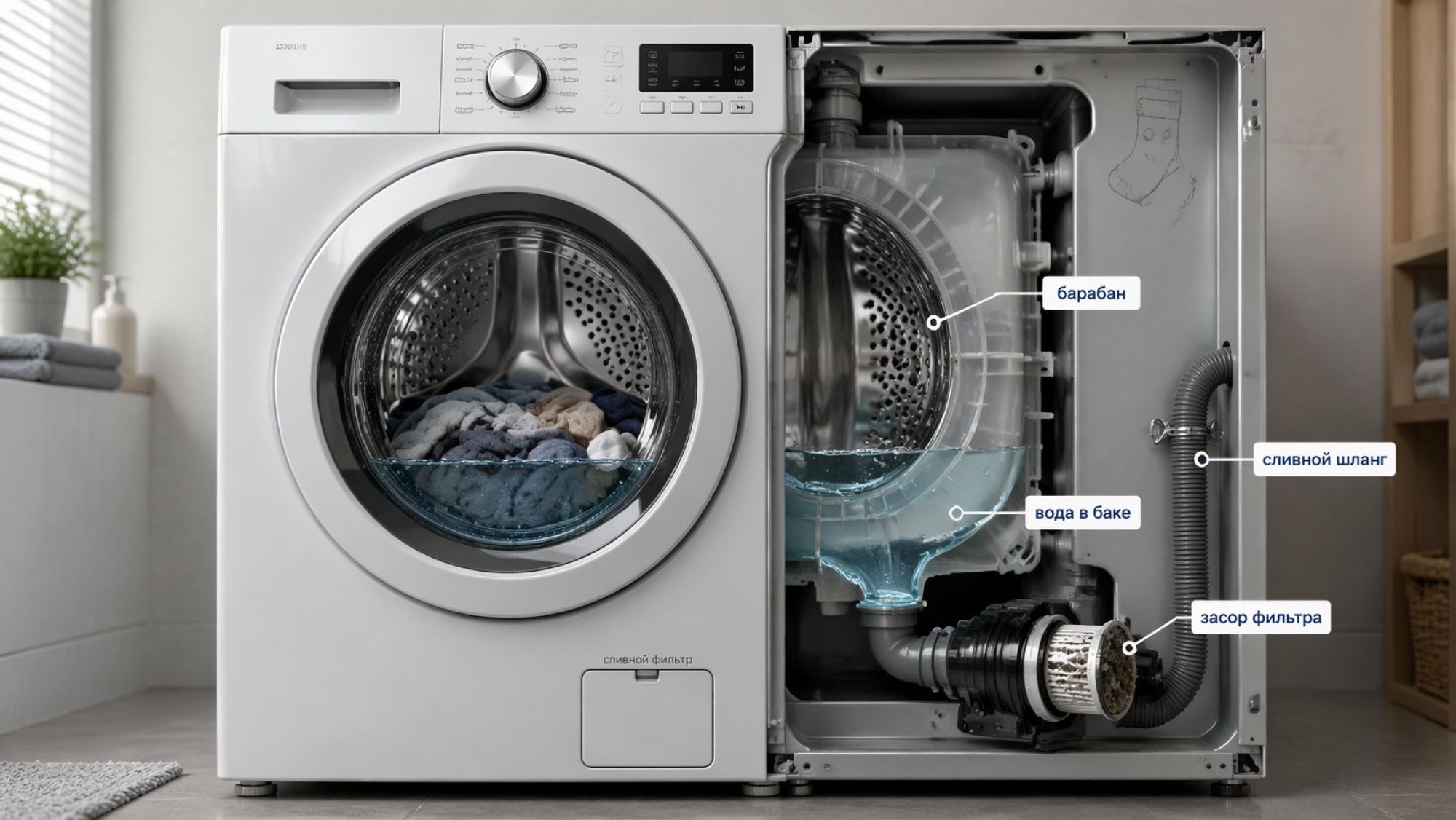 Современная стиральная машина спереди, вид на панель и люк. На электронном дисплее крупными цифрами показано время цикла, рядом горят несколько стандартных индикаторов (например
