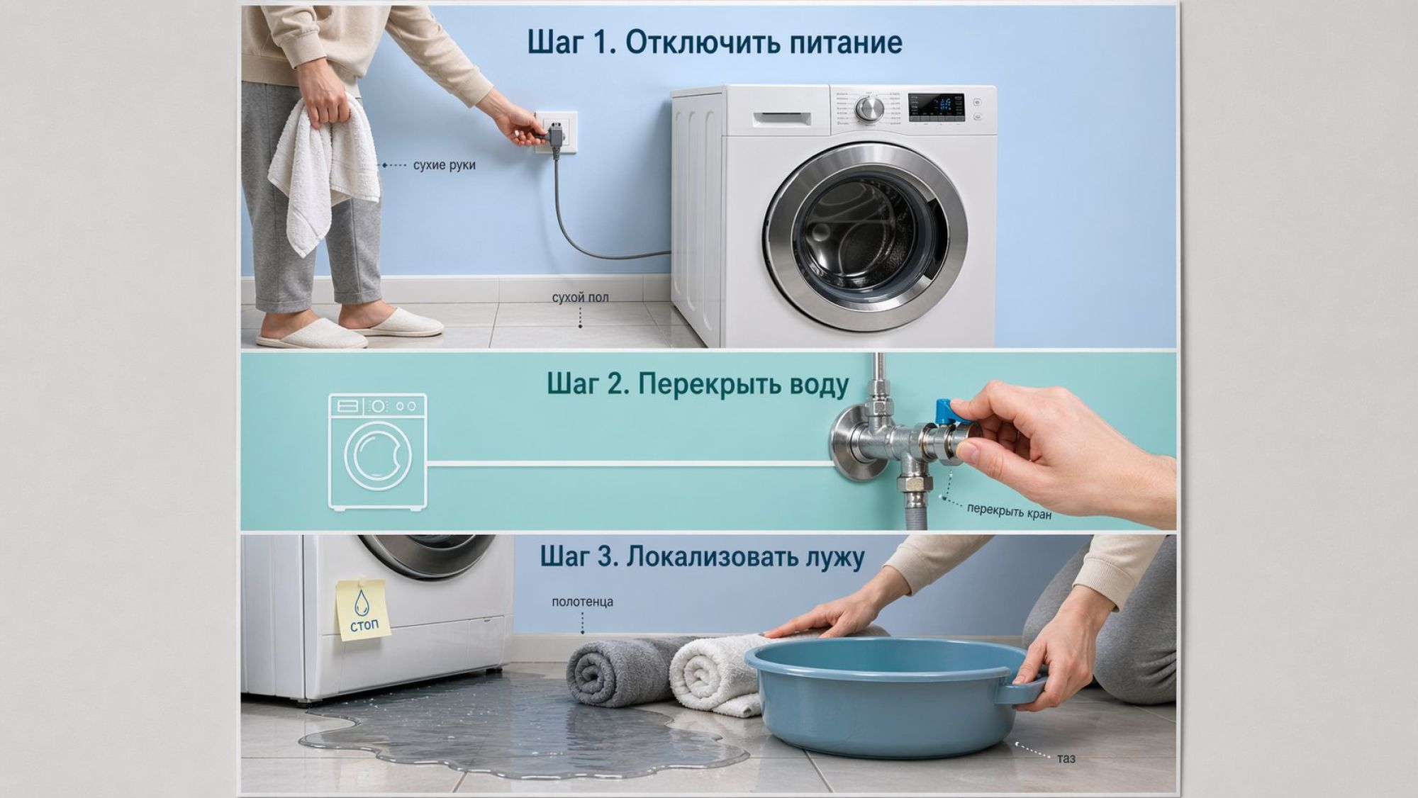 Инфографика в виде вертикального пошагового алгоритма из трёх крупных блоков, каждый с простой сценой. Блок 1 вверху, с голубым фоном, подпись крупным шрифтом: «Шаг 1. Отключить