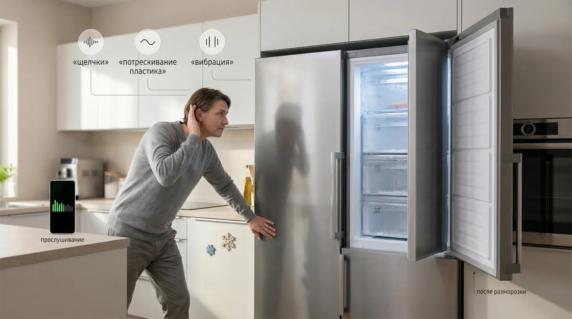 Современная кухня в мягких нейтральных тонах, на переднем плане наполовину открытая морозильная камера. Внутри видно немного льда по краям, пластиковые ящики и стенки. Рядом с