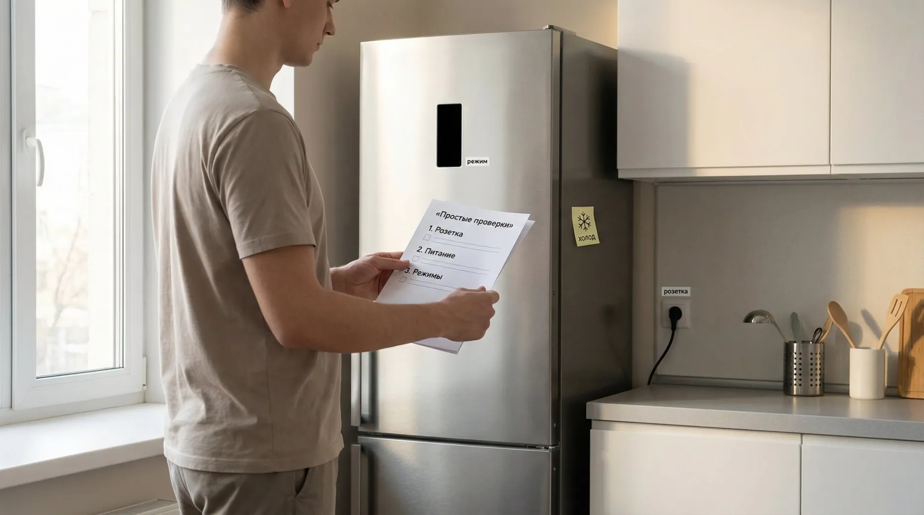 Современная аккуратная кухня, в центре — холодильник с выключившимся или тёмным дисплеем на двери. На переднем плане человек в домашней одежде стоит вполоборота к холодильнику и