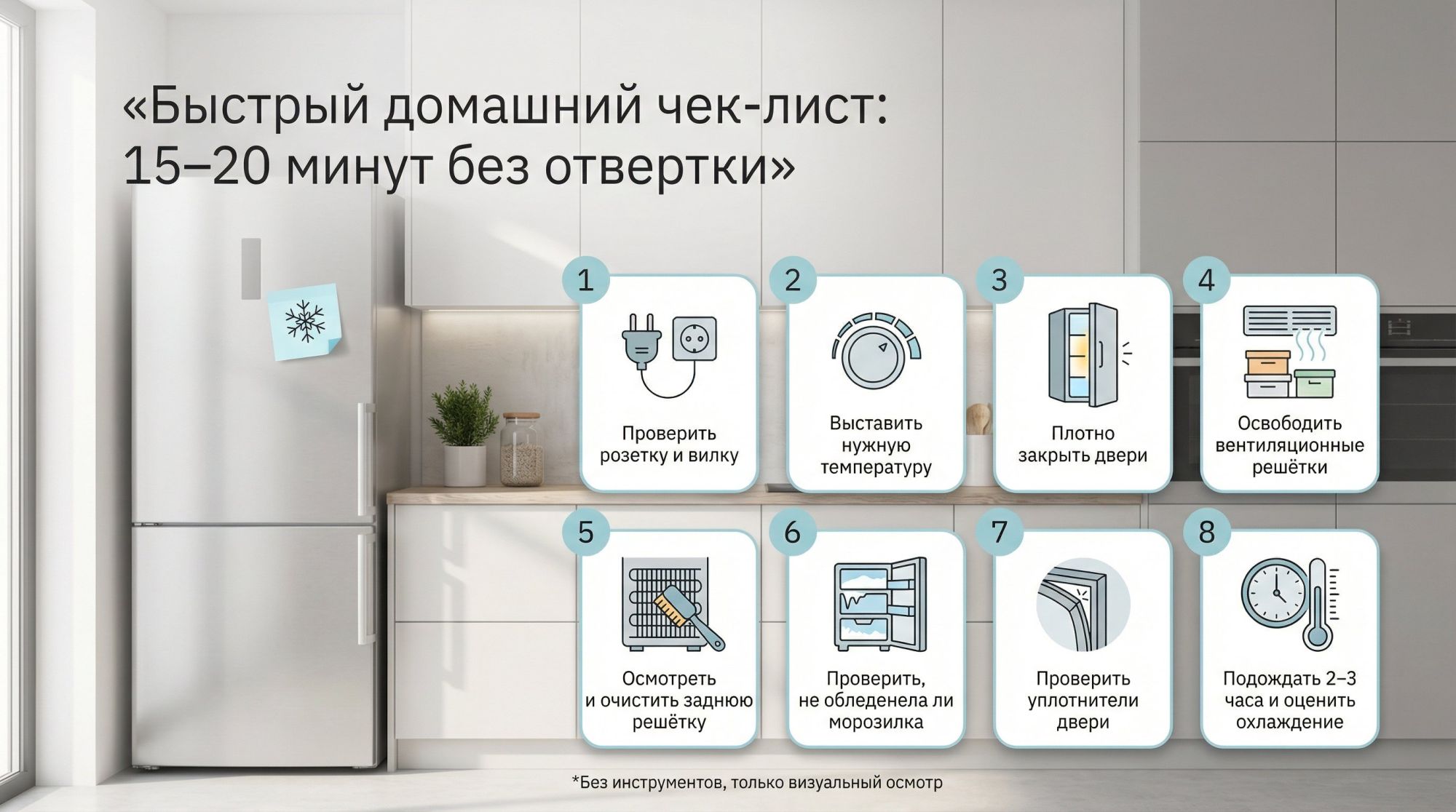 Горизонтальная инфографика‑чек‑лист в современном минималистичном стиле. Слева полупрозрачный силуэт стоящего холодильника в интерьере кухни, рядом крупный заголовок: «Быстрый