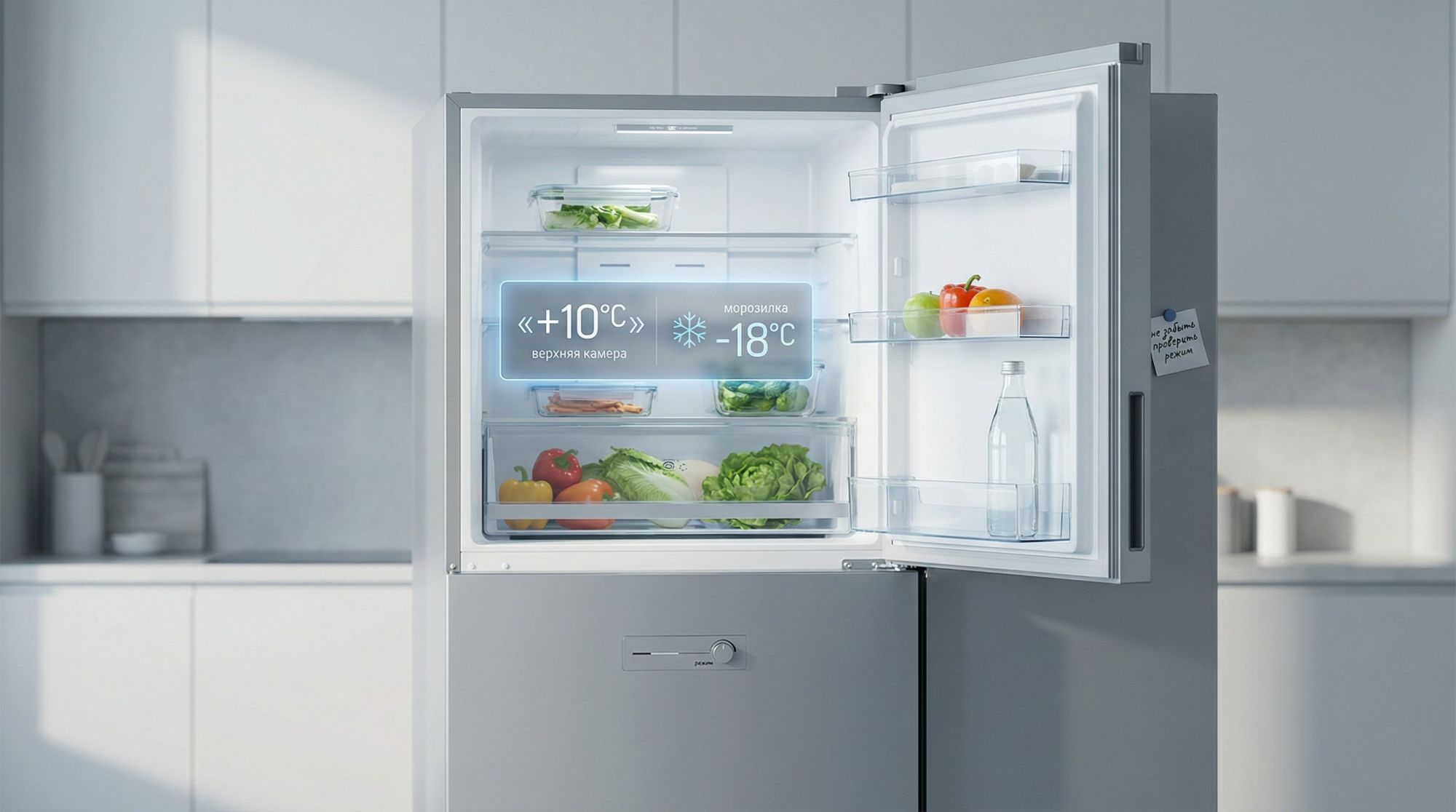 Современный двухкамерный холодильник в лёгком изометрическом ракурсе, открыта только дверь верхней холодильной камеры. Внутри видно несколько полок с минимальным количеством