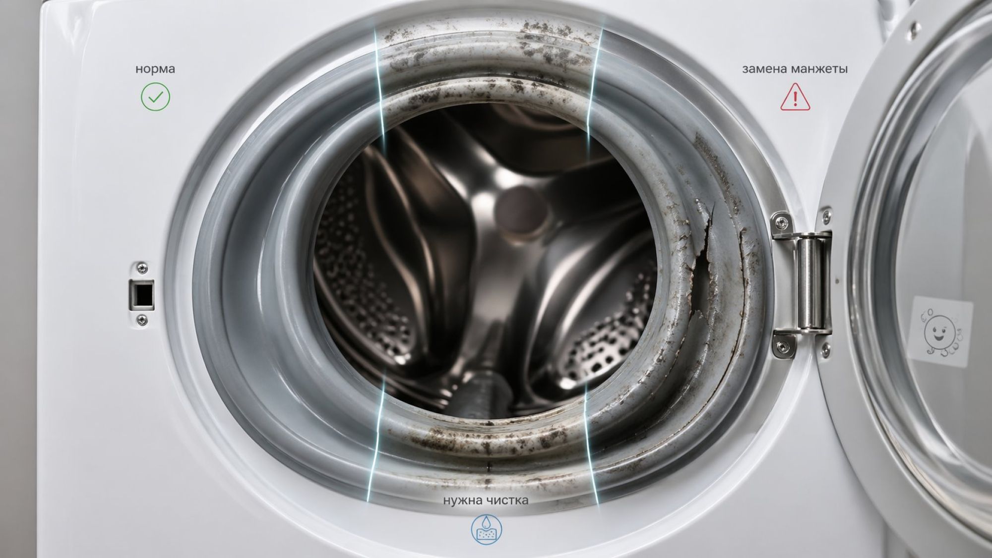 Крупный крупный план фронтальной стиральной машины, дверца люка открыта. В центре композиции — большая круглая резиновая манжета, часть которой подсвечена мягким светом. Сцена