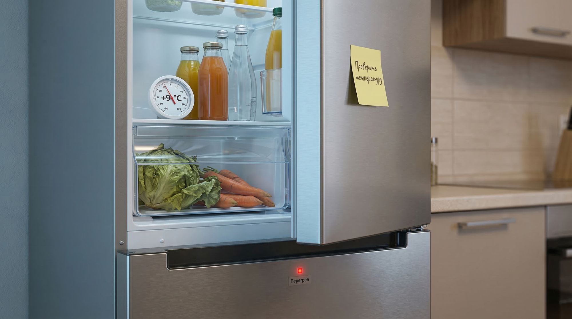 Современный двухкамерный холодильник в кухонном интерьере, вид немного сбоку. Дверца холодильной камеры приоткрыта: внутри видно мягкие овощи и бутылки с напитками без конденсата
