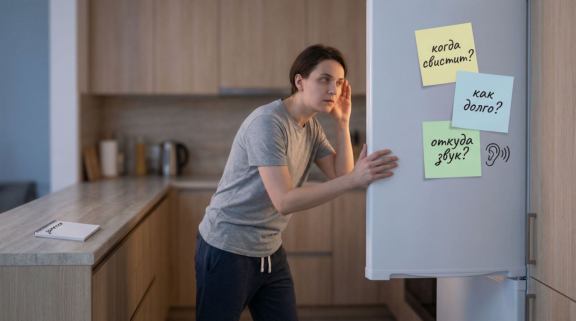 Современная светлая кухня, в центре — белый холодильник в полный рост. Перед ним стоит человек в домашней одежде (вид сбоку в пол-оборота), он слегка наклонился к дверце, одной