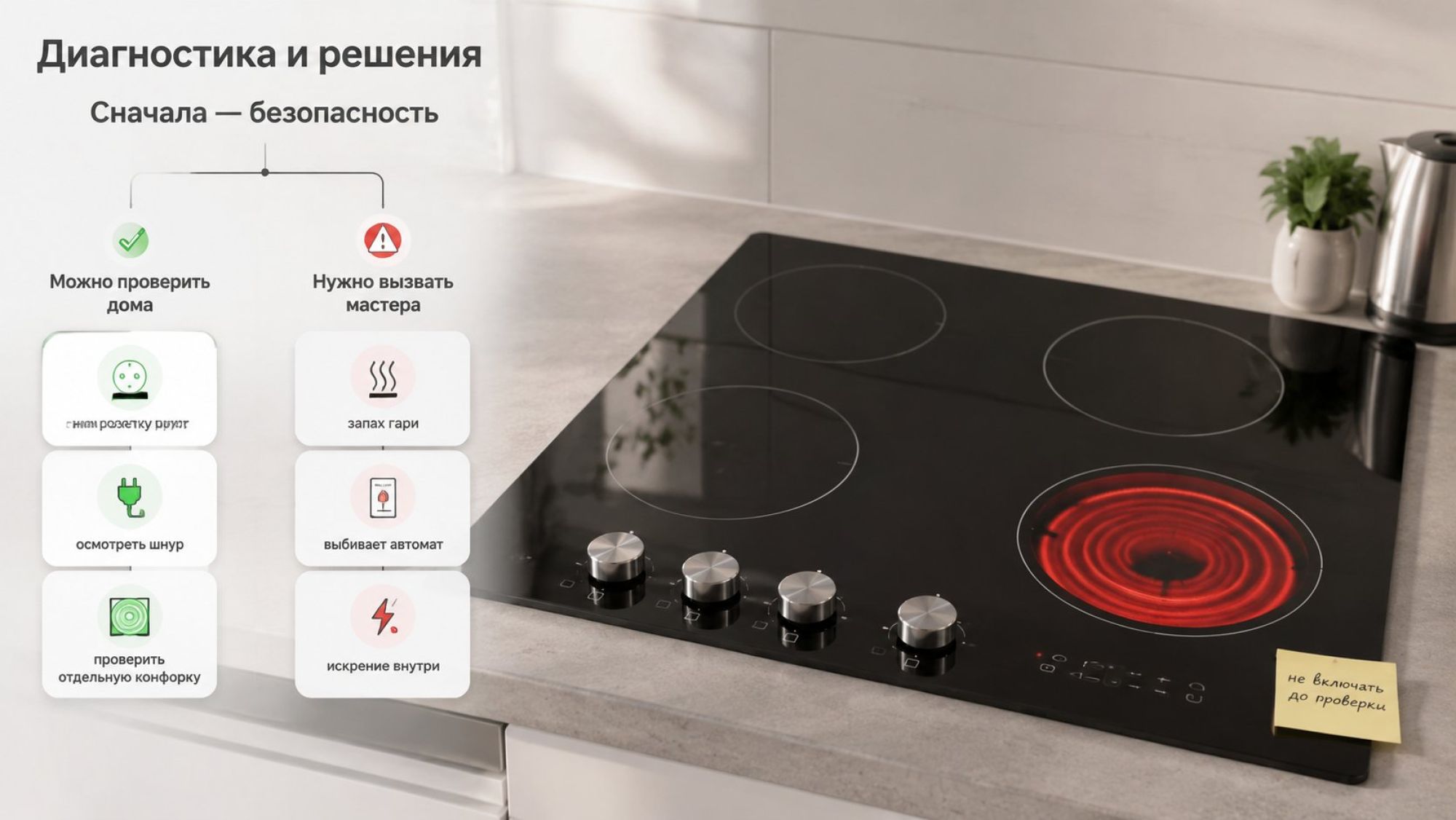 Современная электрическая плита крупным планом на фоне аккуратной кухни, кадр чуть сверху. Слева над плитой вертикально расположена простая схема-развилка безопасности. Вверху
