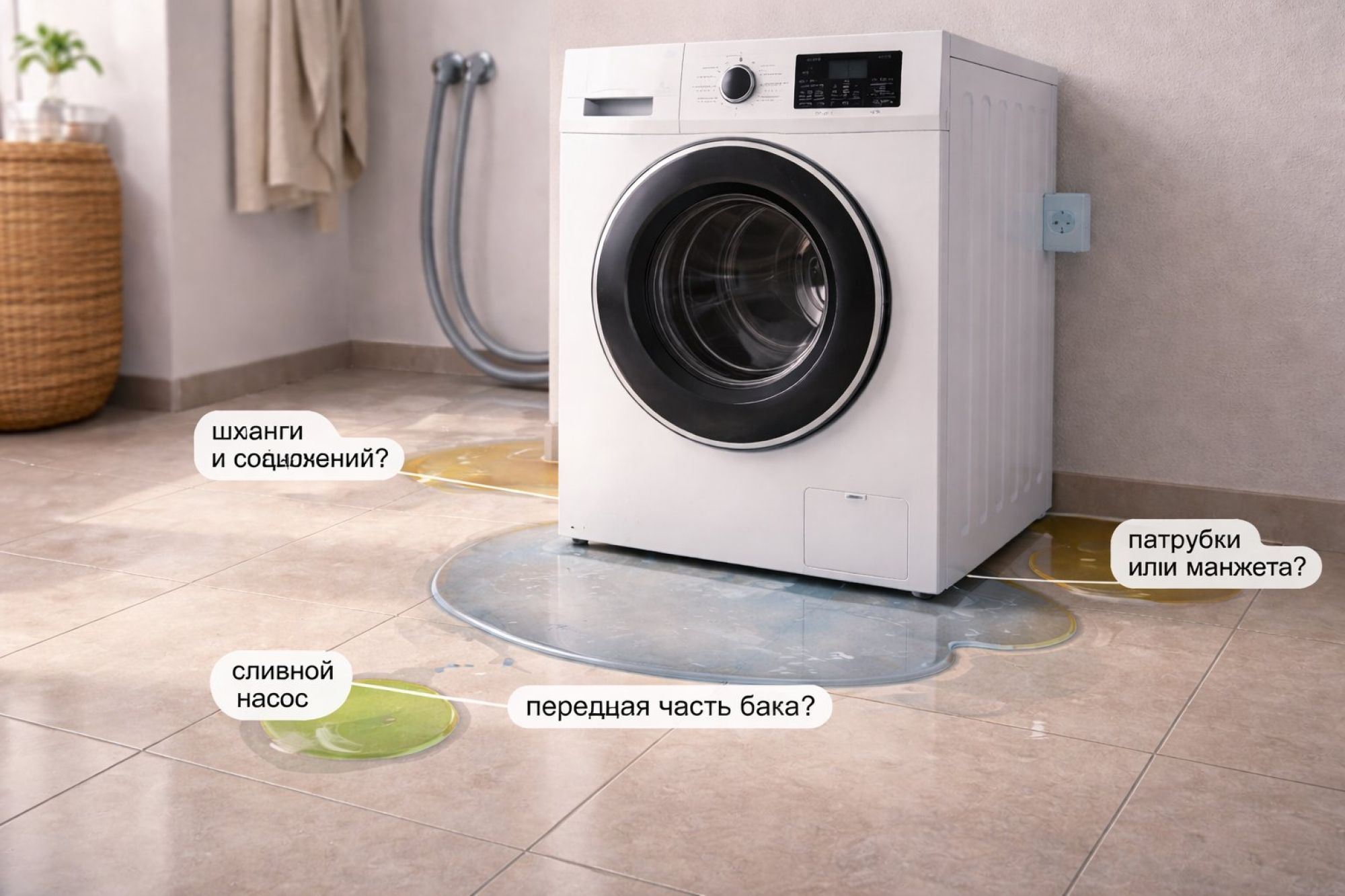 Современная стиральная машина в интерьере ванной, вид немного сверху, чтобы хорошо был виден пол вокруг. Вокруг машины несколько аккуратных прозрачных «луж» с легкими отблесками