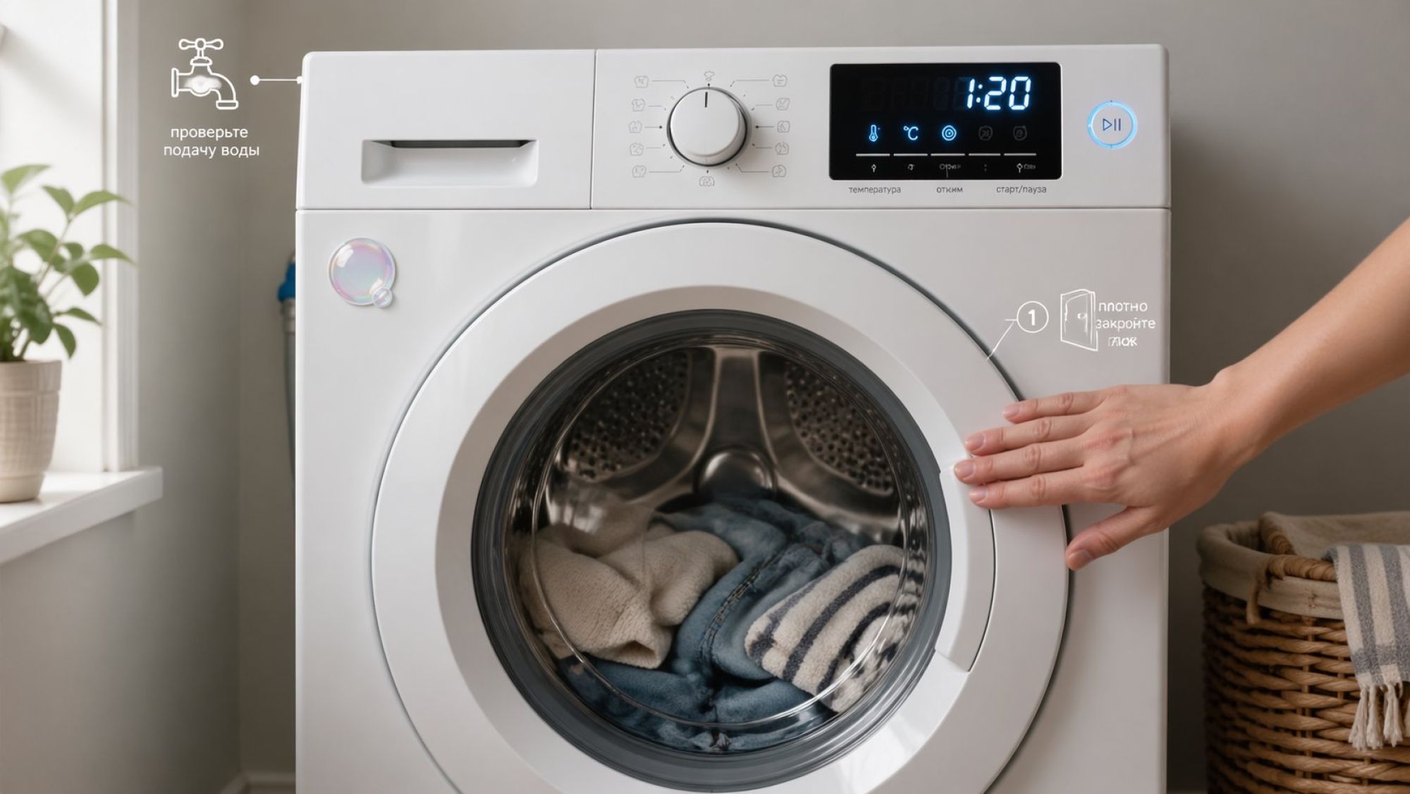 Современная светлая ванная комната, в центре — фронтальная стиральная машина. Человек в повседневной домашней одежде стоит сбоку в лёгком наклоне и по шагам проверяет питание