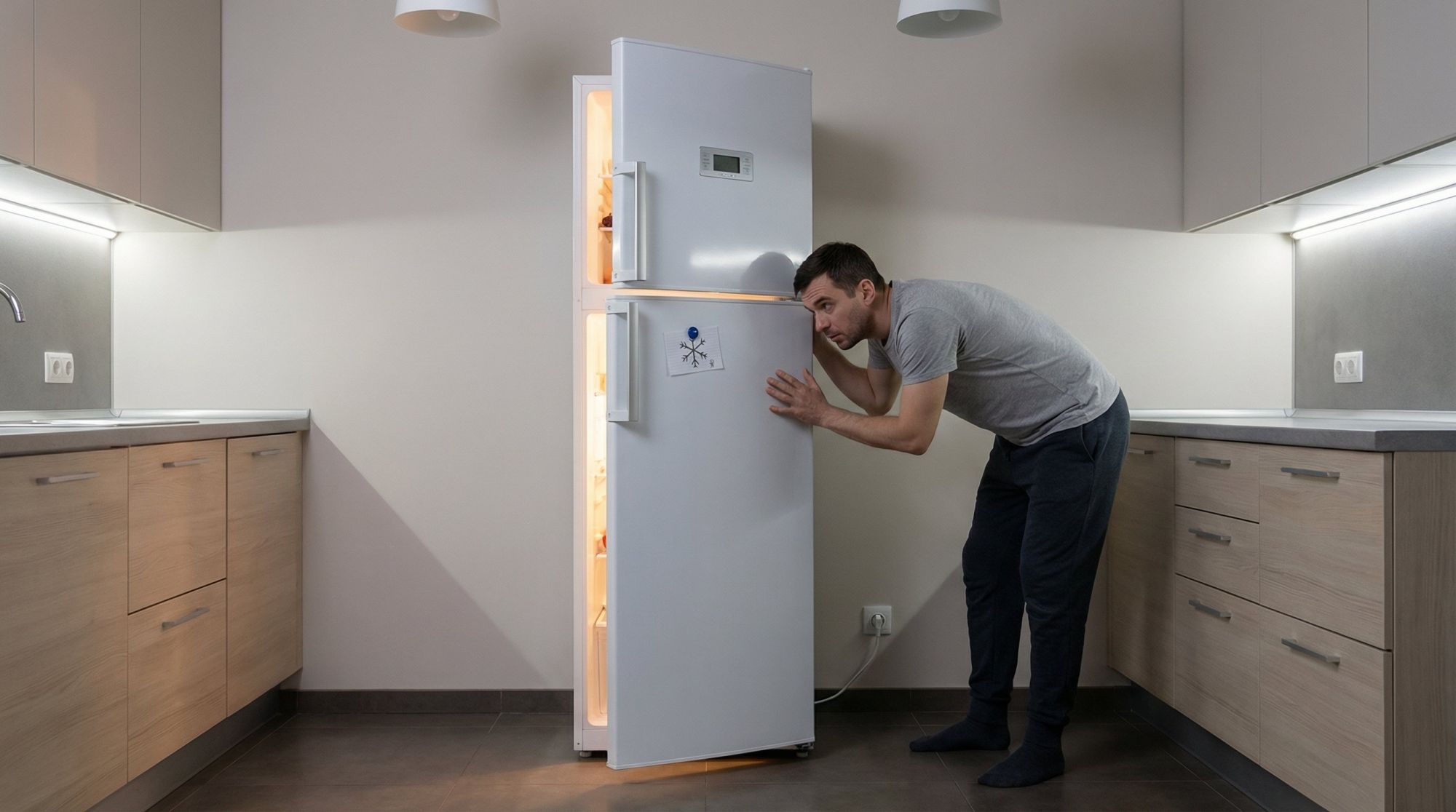 Современная кухня в мягких нейтральных тонах, в центре — стандартный двухкамерный холодильник, дверца немного приоткрыта. На верхней части дверцы видна горящая внутренняя